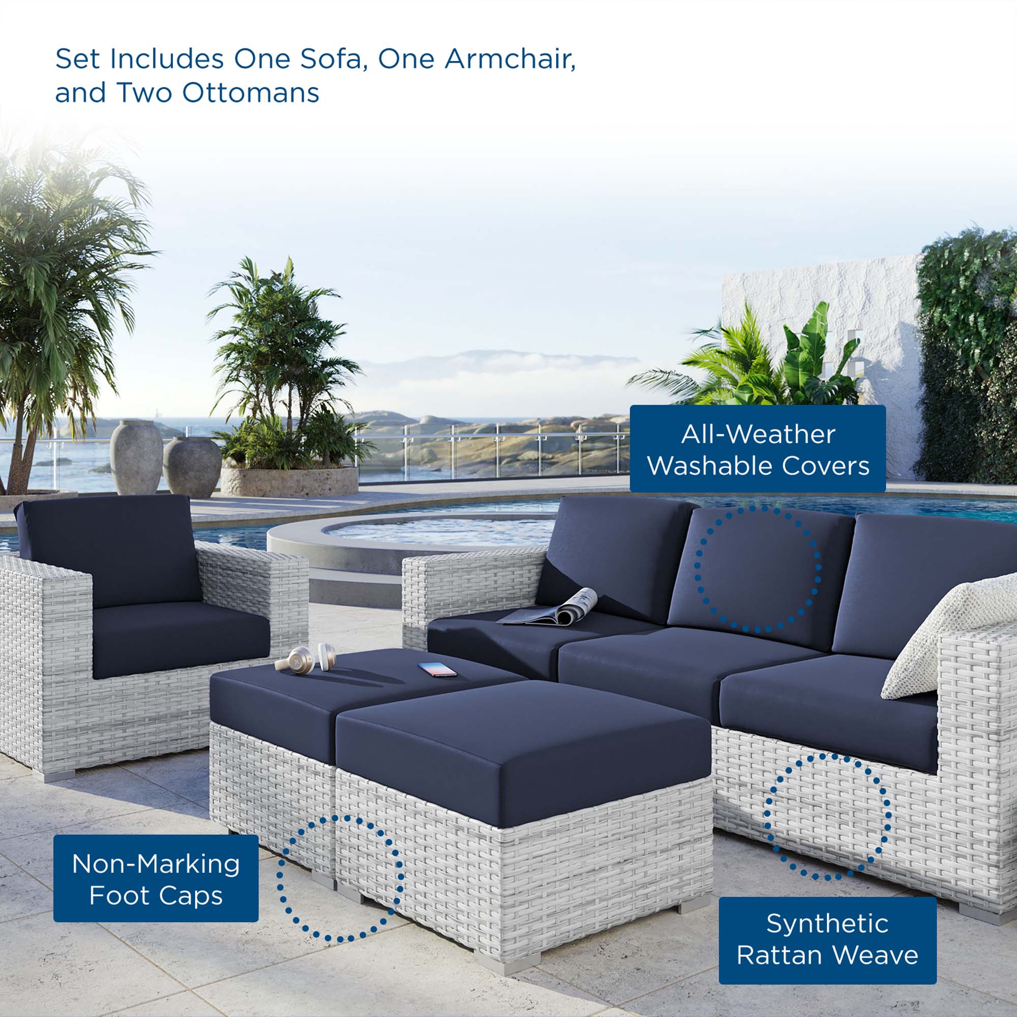 Convene 4-Piece Outdoor Patio Set in Light Gray Navy