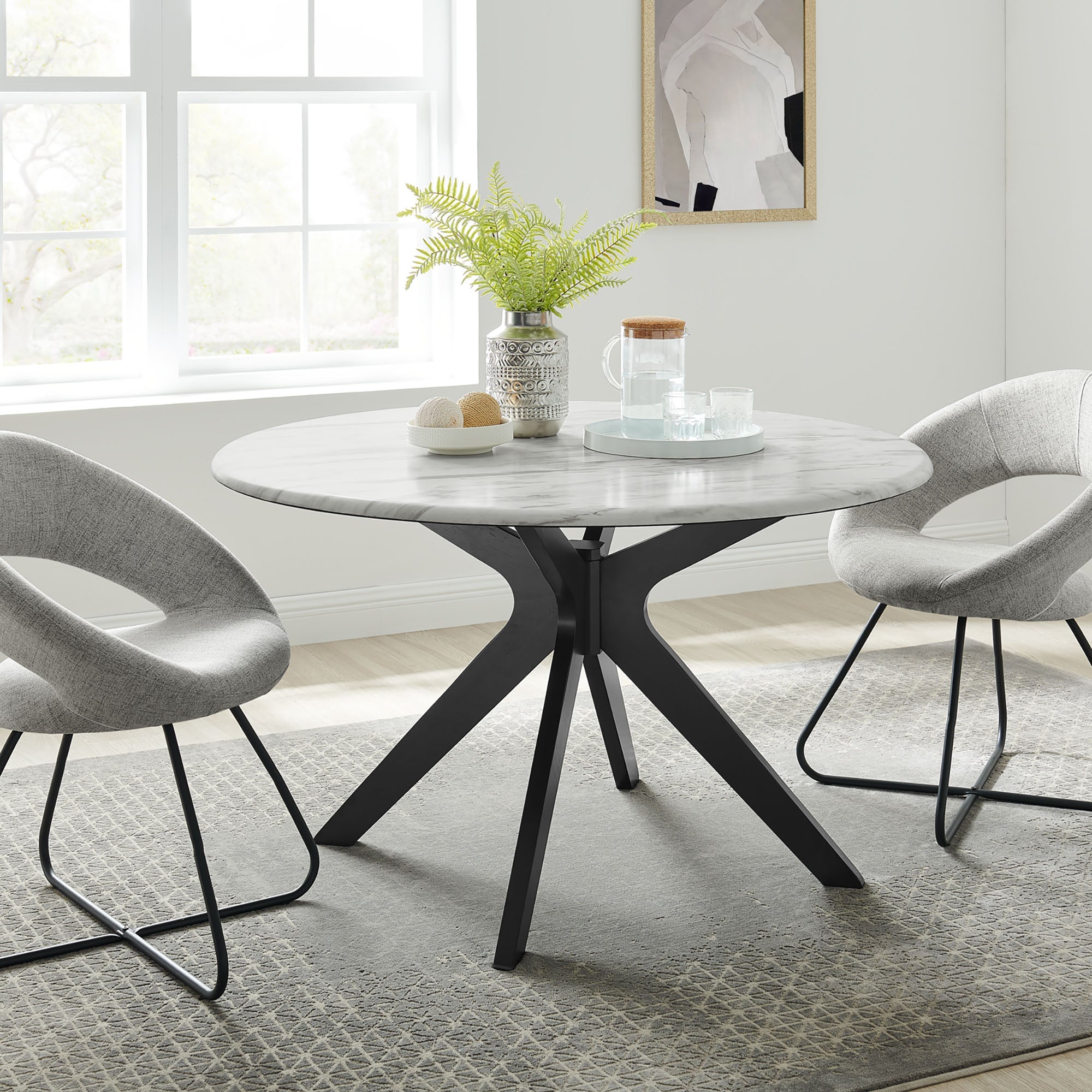 Traverse 50" Round Performance Artificial Marble Dining Table in Black White