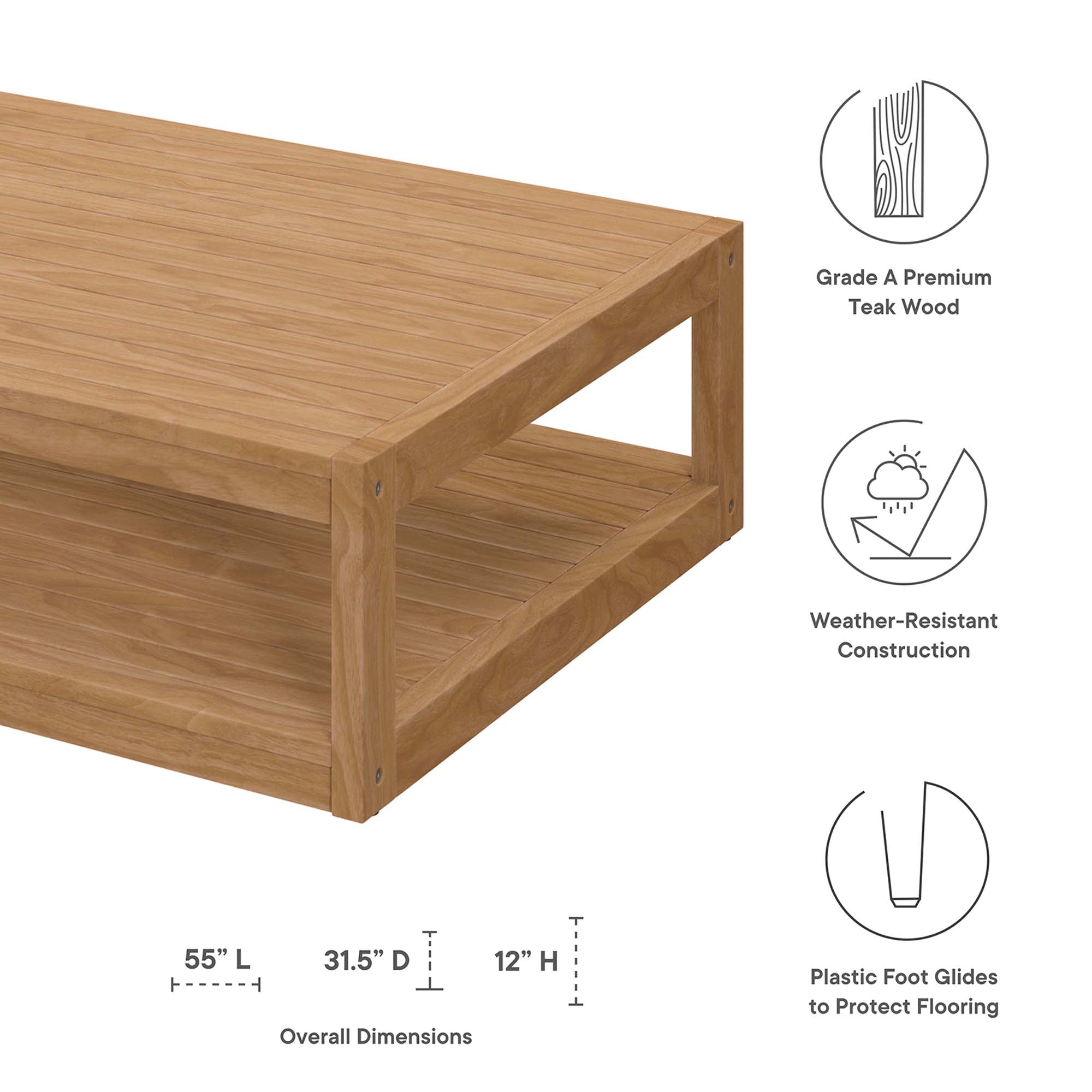 Table basse d'extérieur en bois de teck de Carlsbad en couleur naturelle 