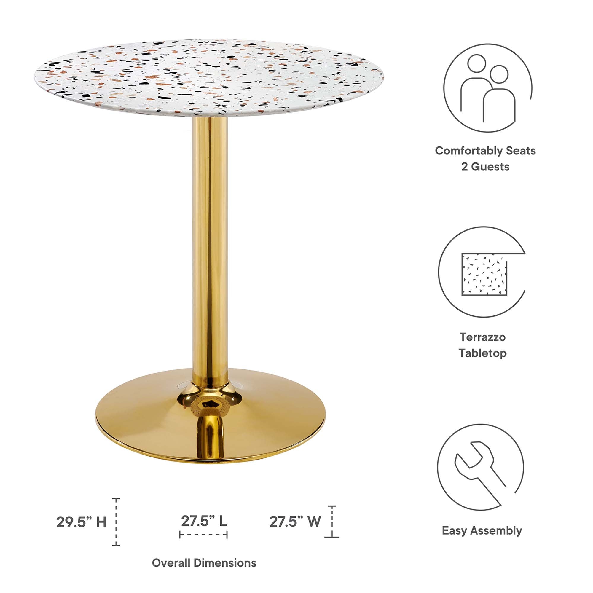 Table à manger ronde en terrazzo Verne de 28 po en blanc doré