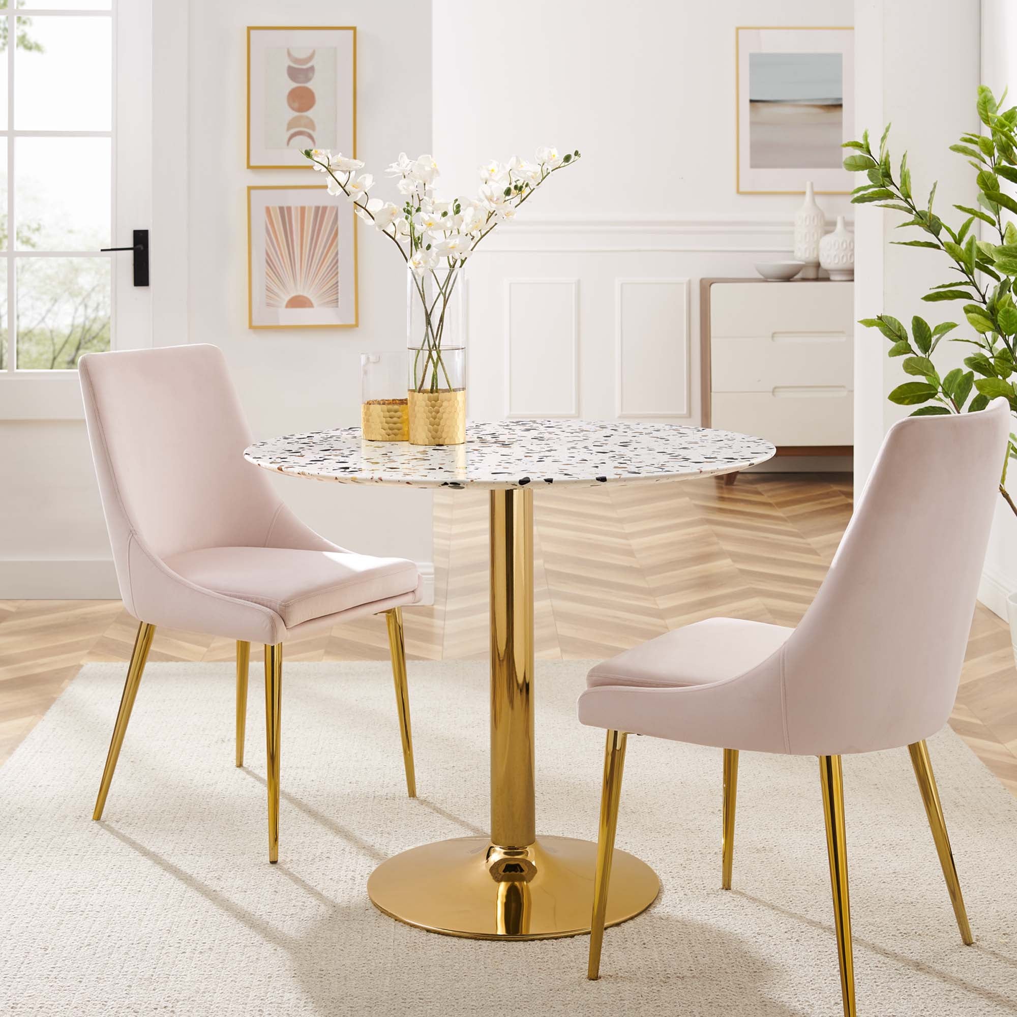 Verne 36" Round Terrazzo Dining Table in Gold White