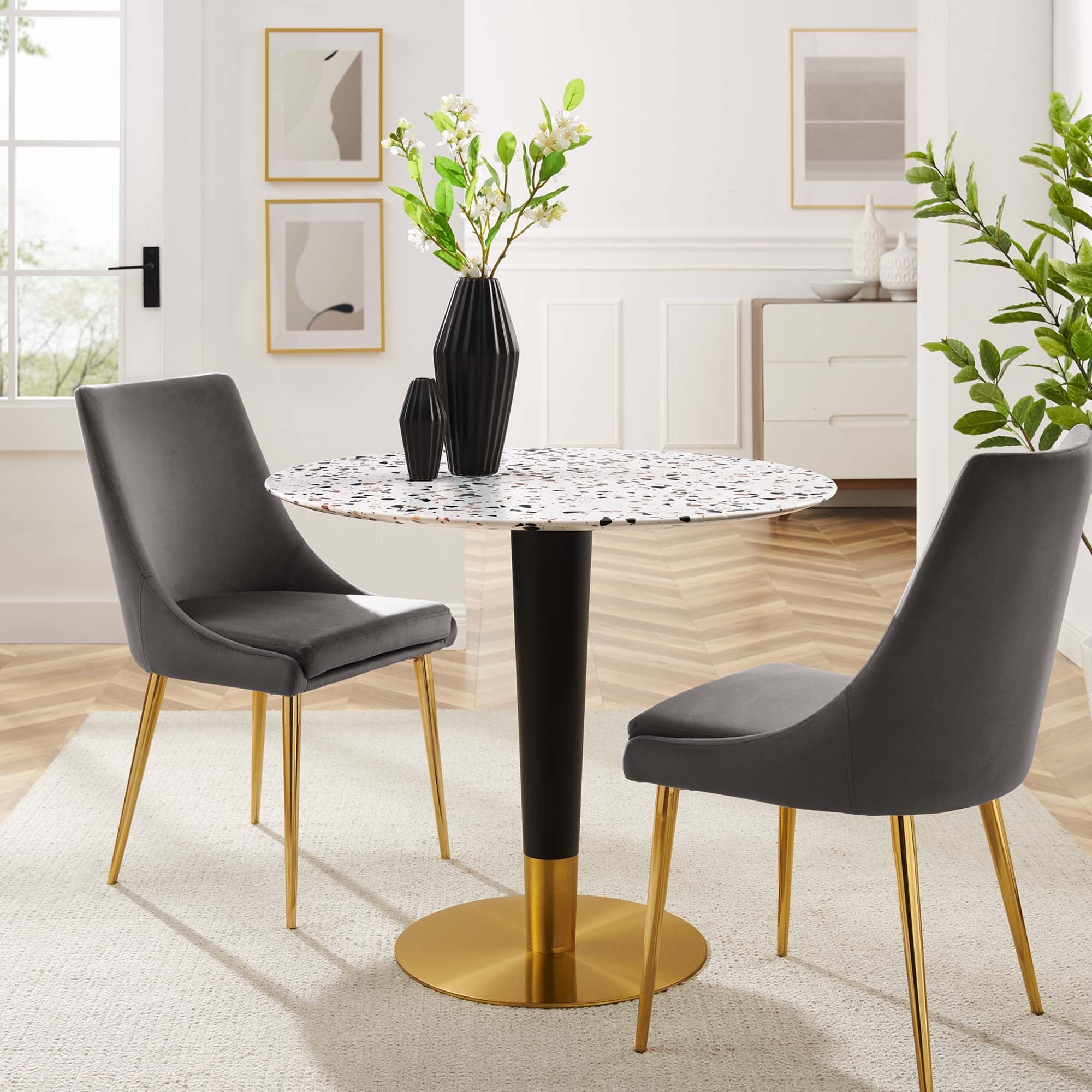 Zinque 36" Round Terrazzo Dining Table in Gold White