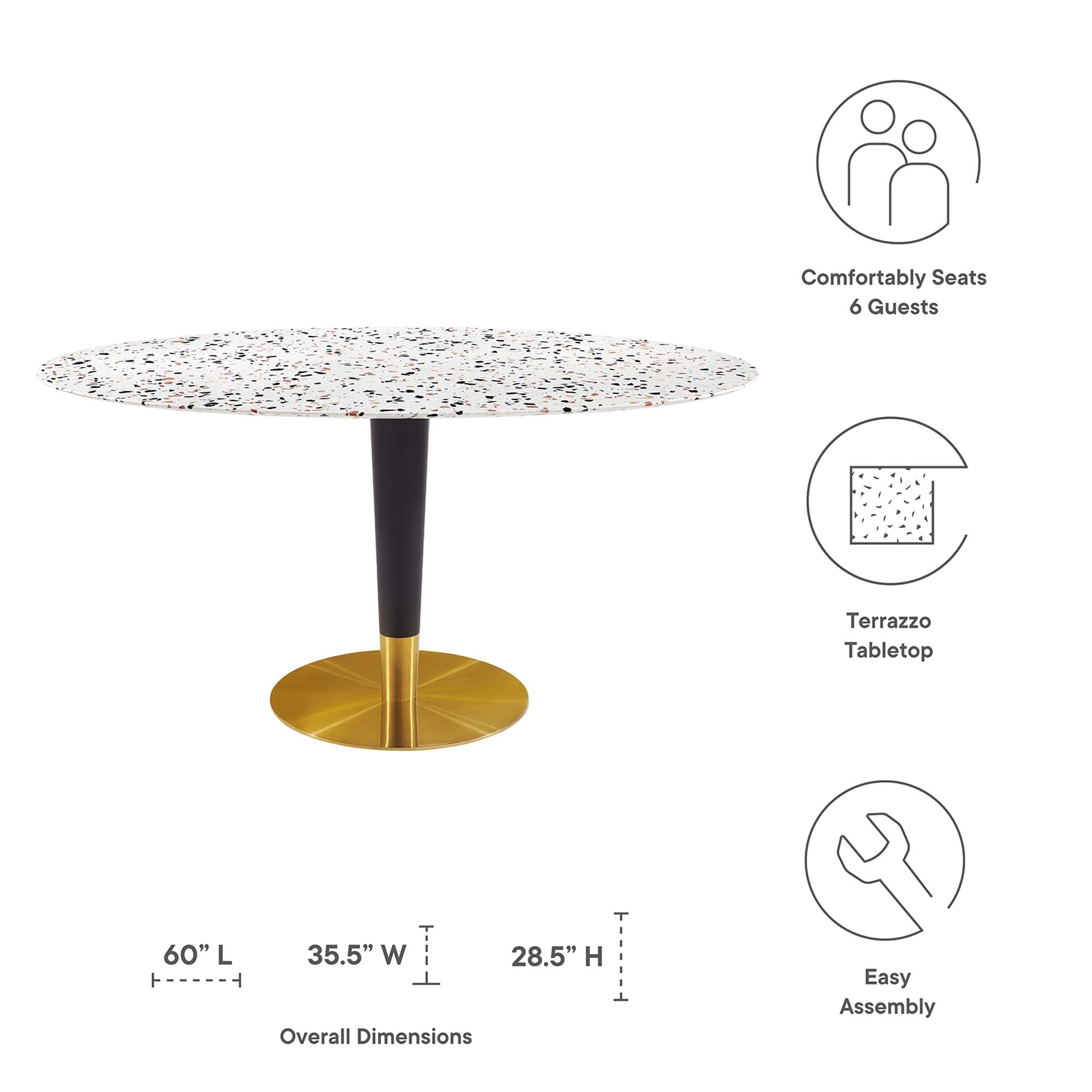 Table à manger ovale en terrazzo Zinque de 60 po en blanc doré