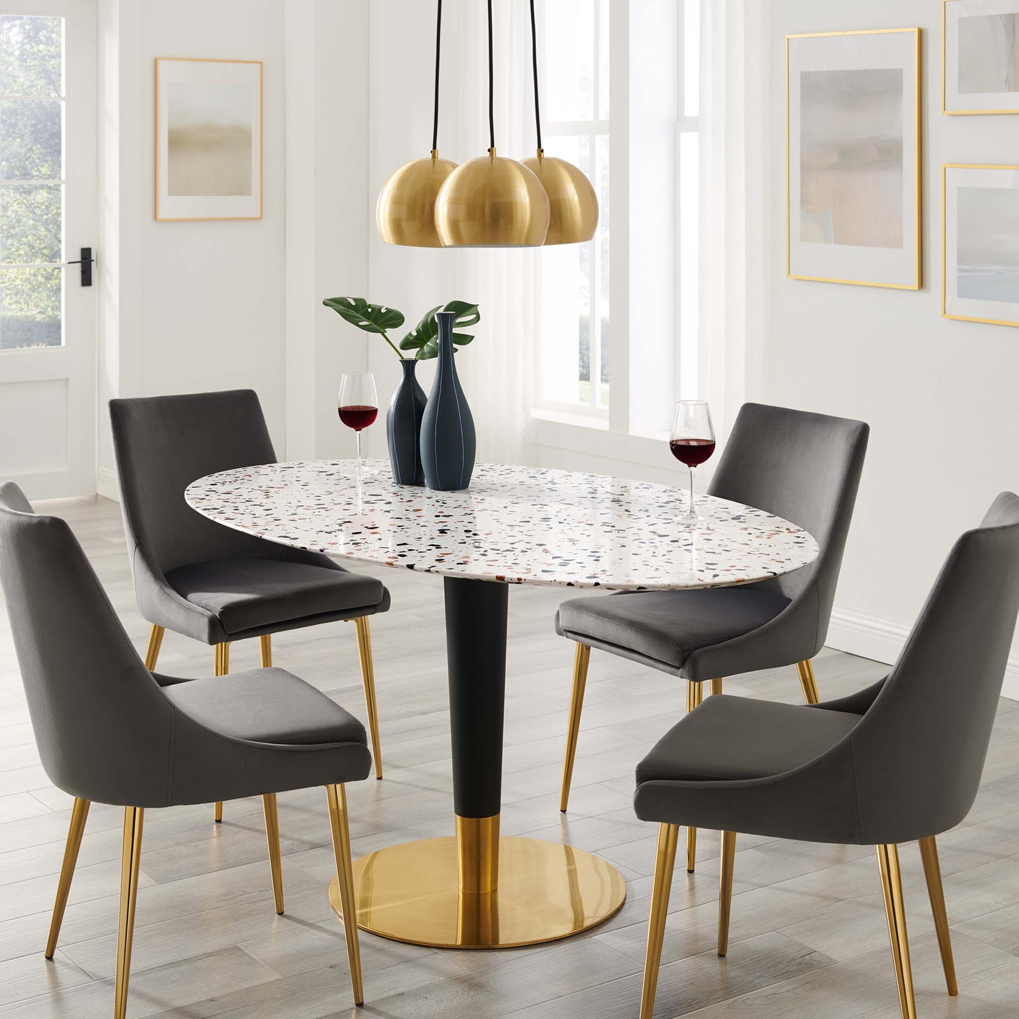 Zinque 60" Oval Terrazzo Dining Table in Gold White