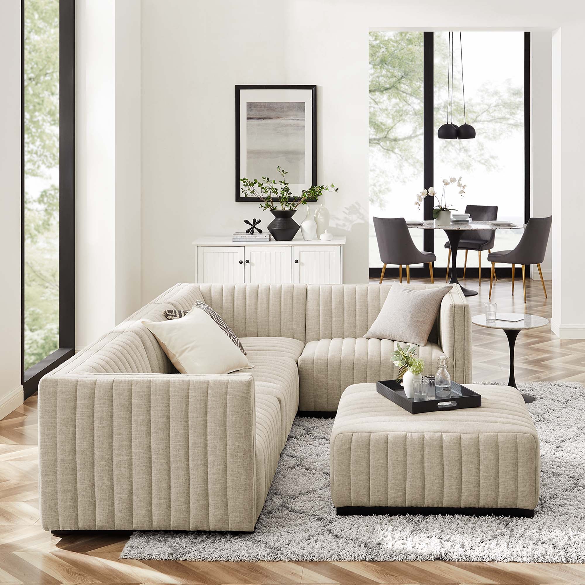 Conjure 5-Piece Channel Tufted Upholstered Fabric Sectional in Black Beige
