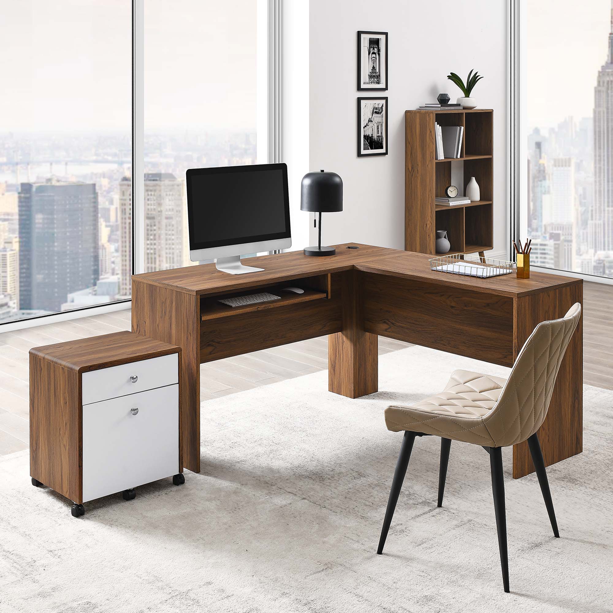 Transmit Wood Desk and File Cabinet Set in Walnut White