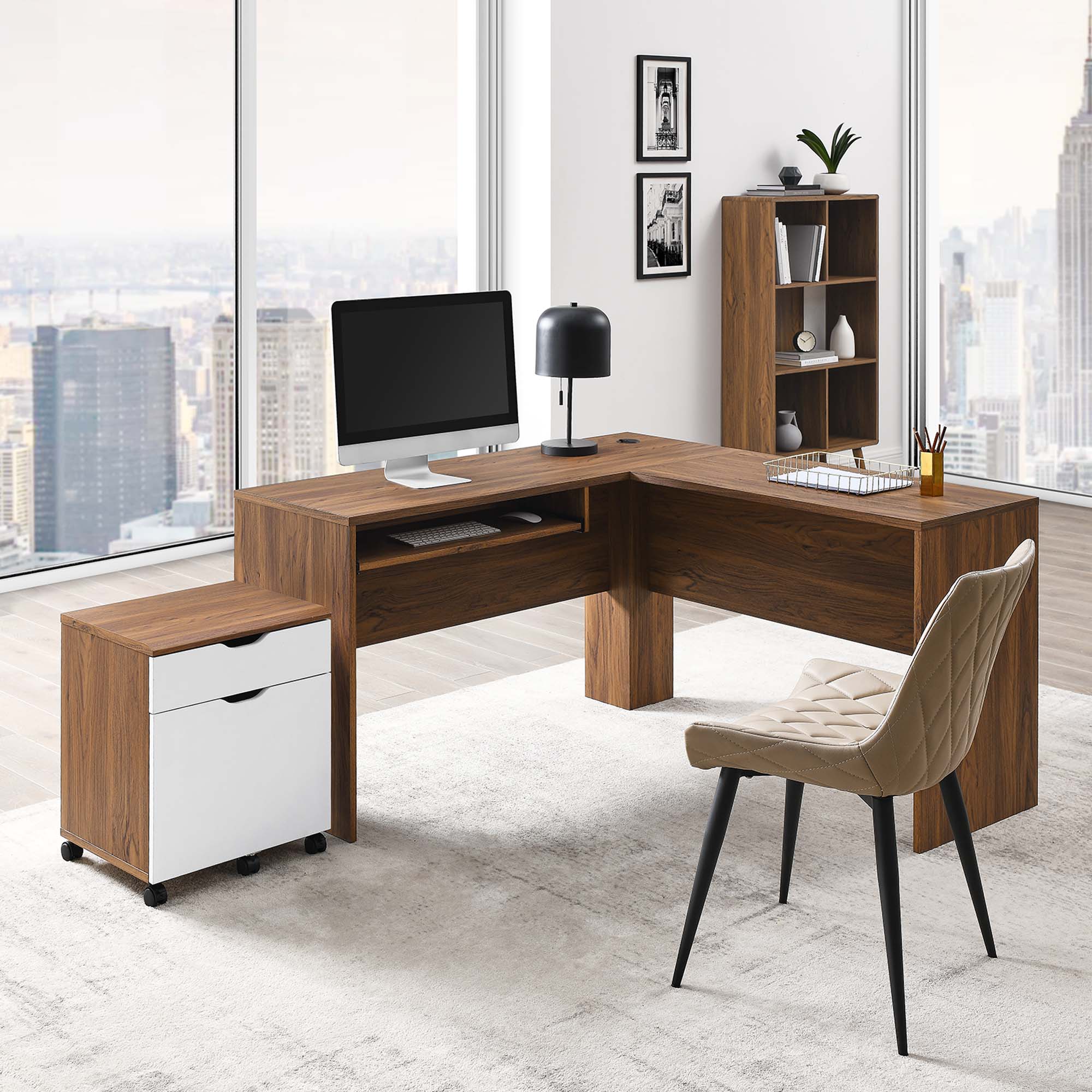 Envision Wood Desk and File Cabinet Set in Walnut White