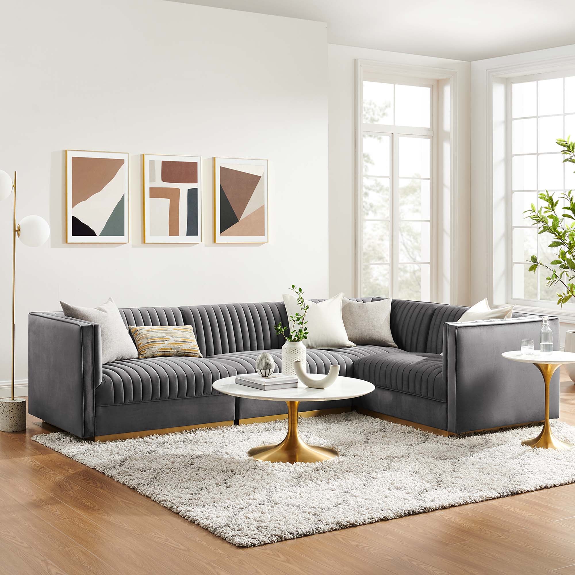 Sanguine 4-Piece Channel Tufted Performance Velvet Right-Facing Modular Sectional Sofa in Gray