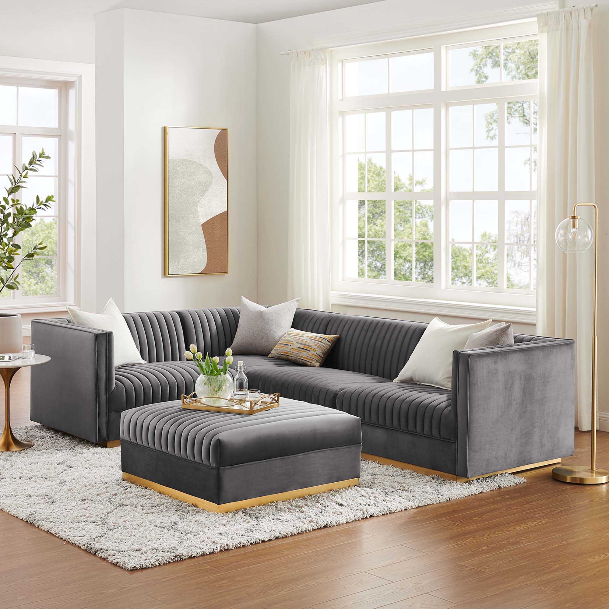 Sanguine 5-Piece Channel Tufted Performance Velvet Left-Facing Modular Sectional Sofa in Gray