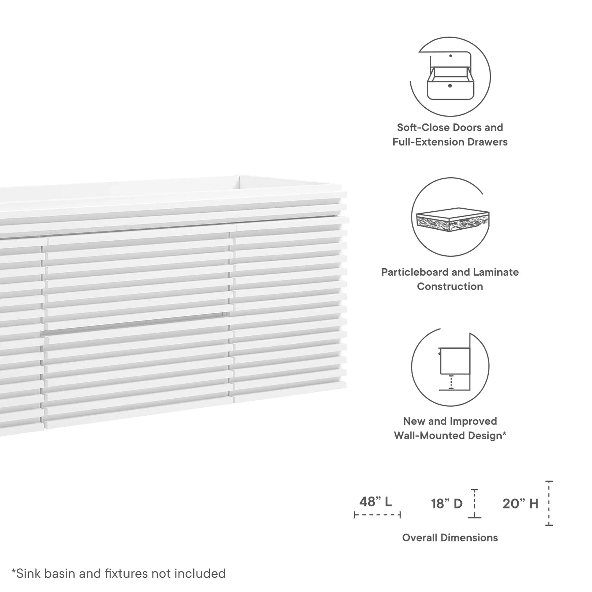 Meuble-lavabo mural pour salle de bain avec lavabo non inclus