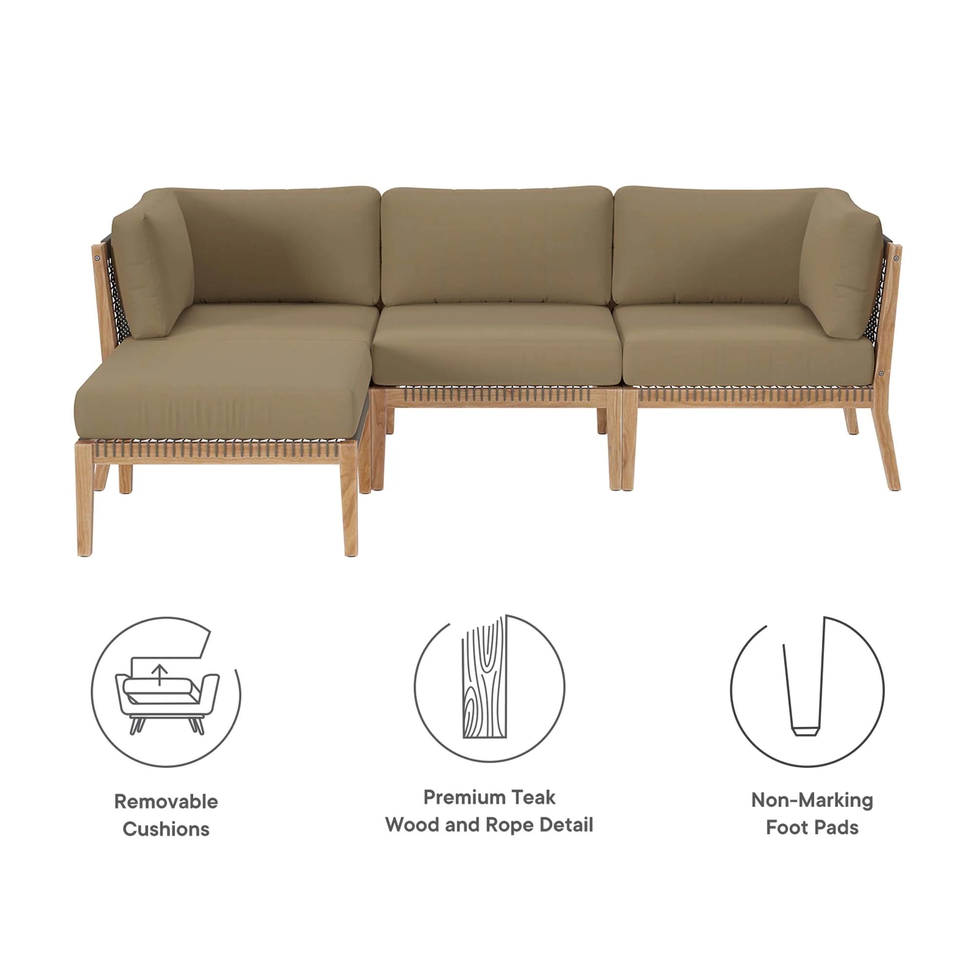 Clearwater 4-Piece Outdoor Patio Teak Wood Sectional Sofa