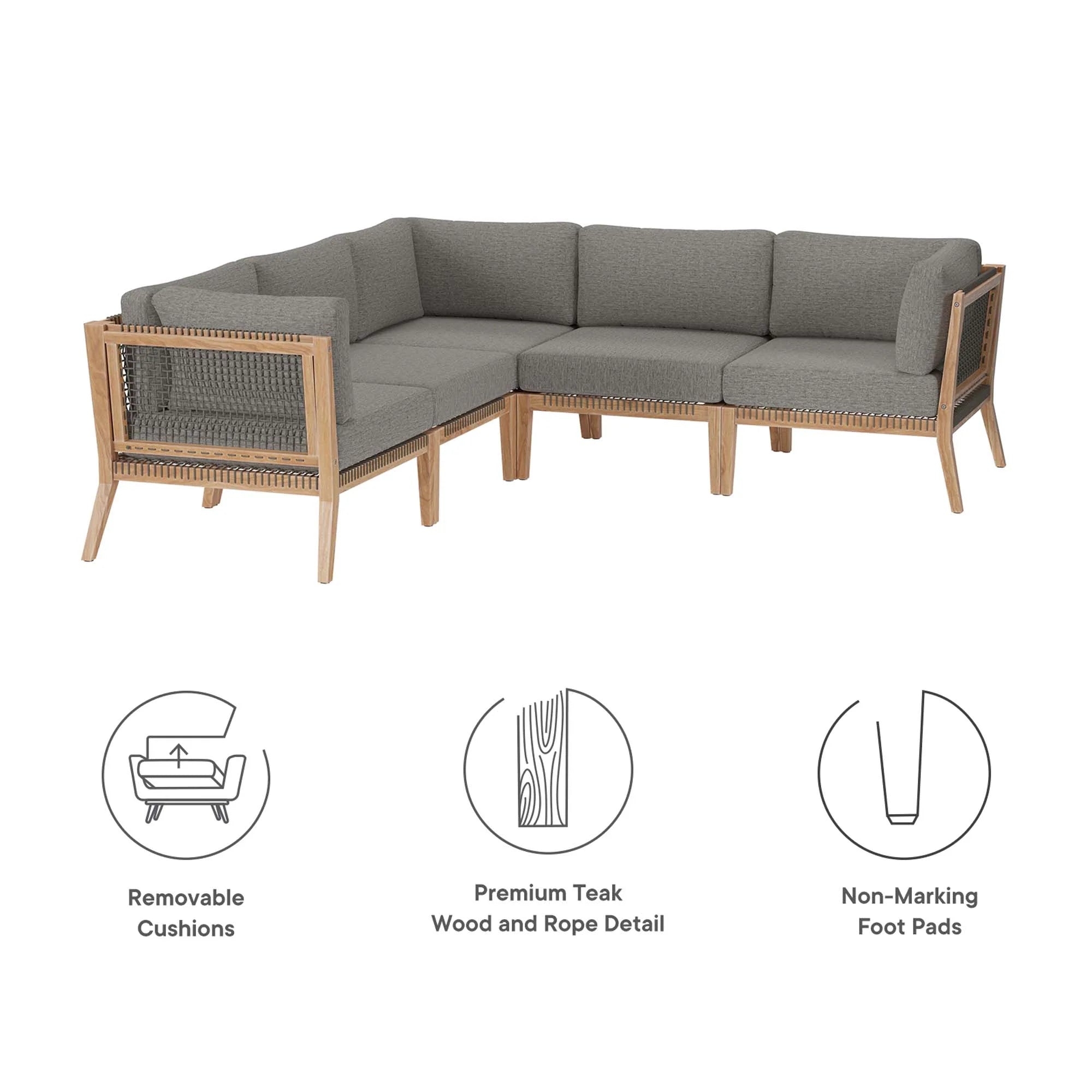Clearwater 5-Piece Outdoor Patio Teak Wood Sectional Sofa