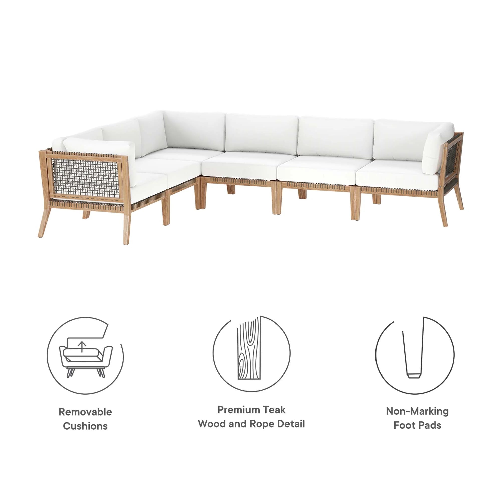 Clearwater 6-Piece Outdoor Patio Teak Wood Sectional Sofa