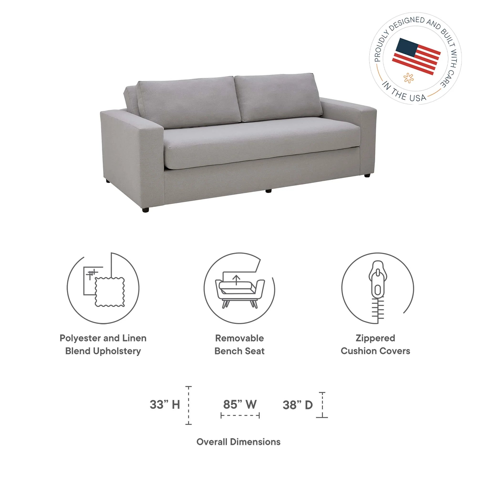 Avendale Linen Blend Sofa – Made in the USA With Bench Seat Cushion