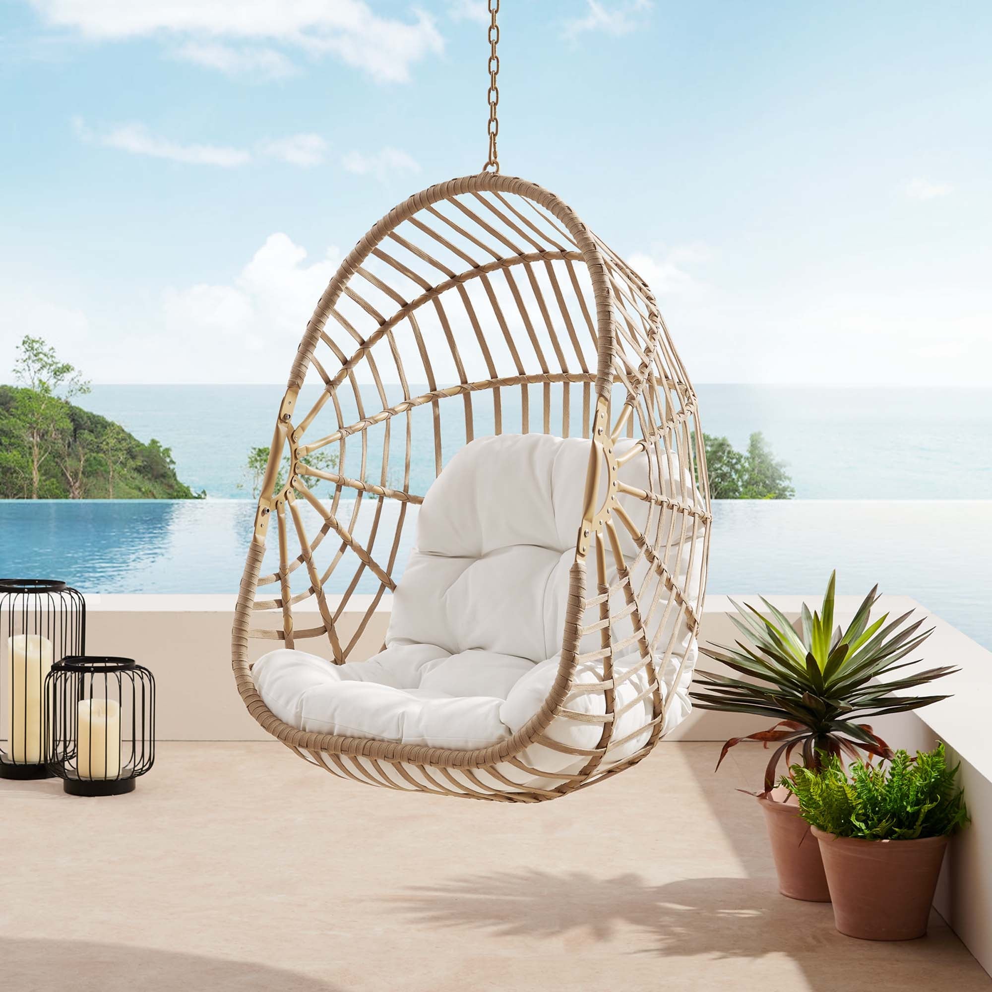 Amalie Wicker Rattan Outdoor Patio Rattan Swing Chair without Stand in Natural White