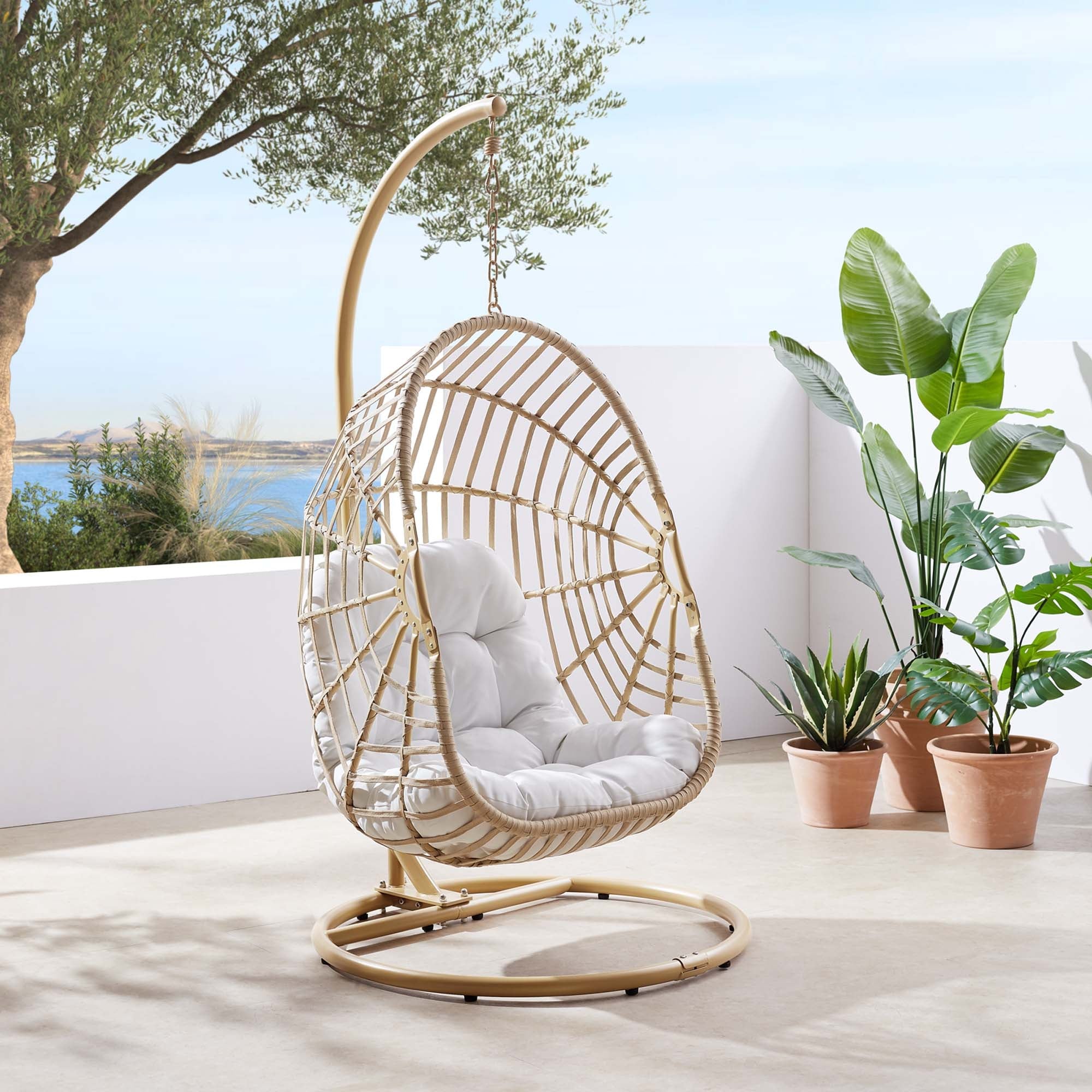 Amalie Wicker Rattan Outdoor Patio Rattan Swing Chair in Natural White