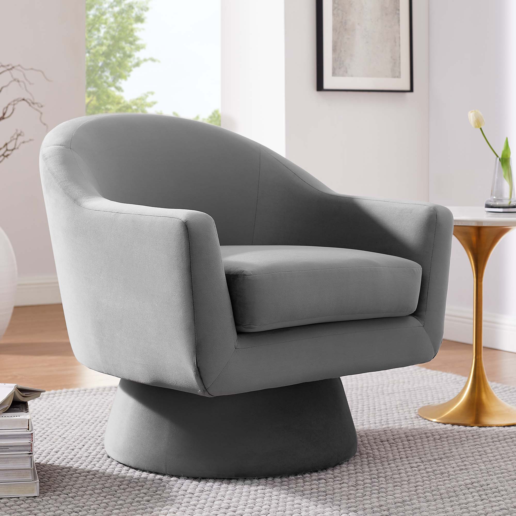 Astral Performance Velvet Fabric and Wood Swivel Chair