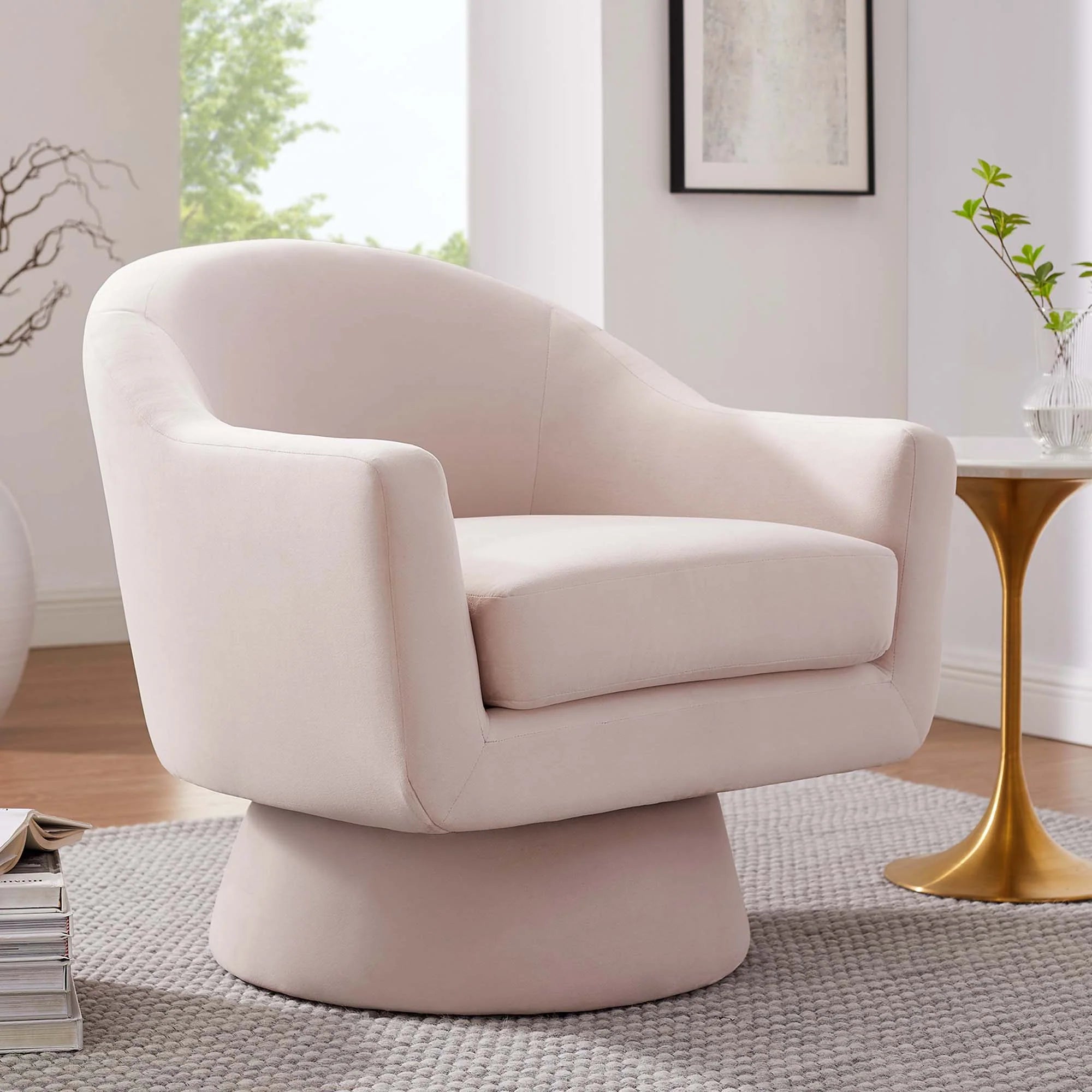 Astral Performance Velvet Fabric and Wood Swivel Chair