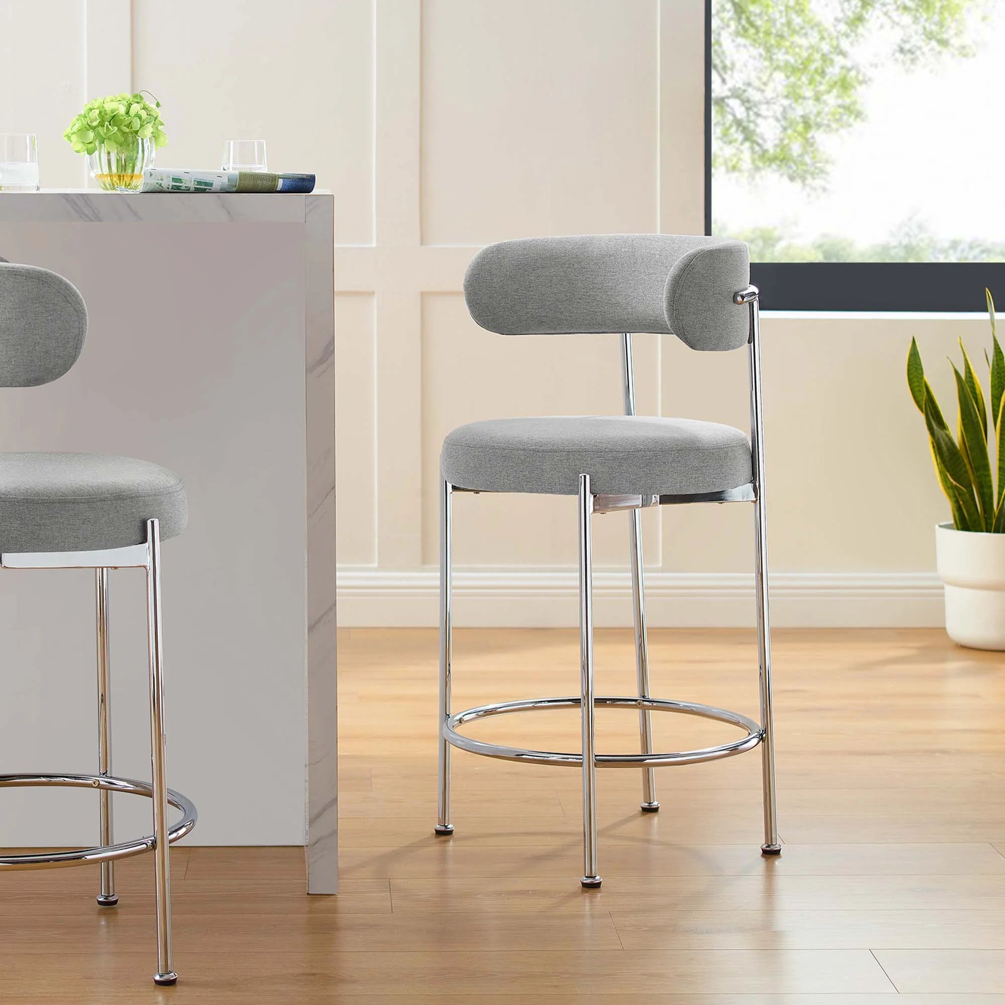 Albie Fabric Counter Stools Set of 2 in Gray Silver