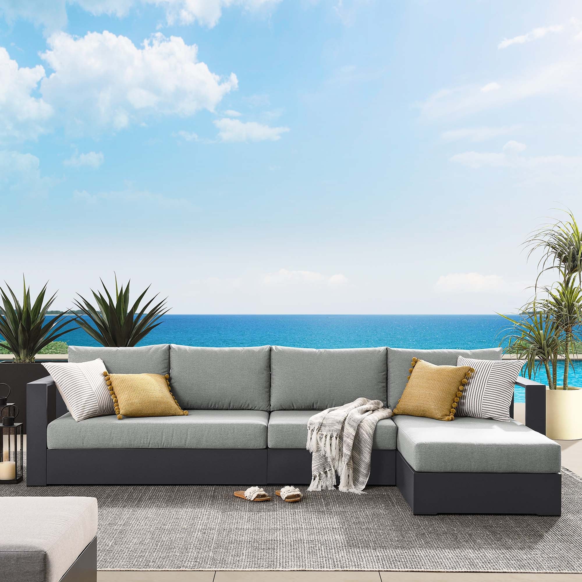 Tahoe 3-Piece Outdoor Patio Powder-Coated Aluminum Right-Facing Chaise Sectional Sofa Set