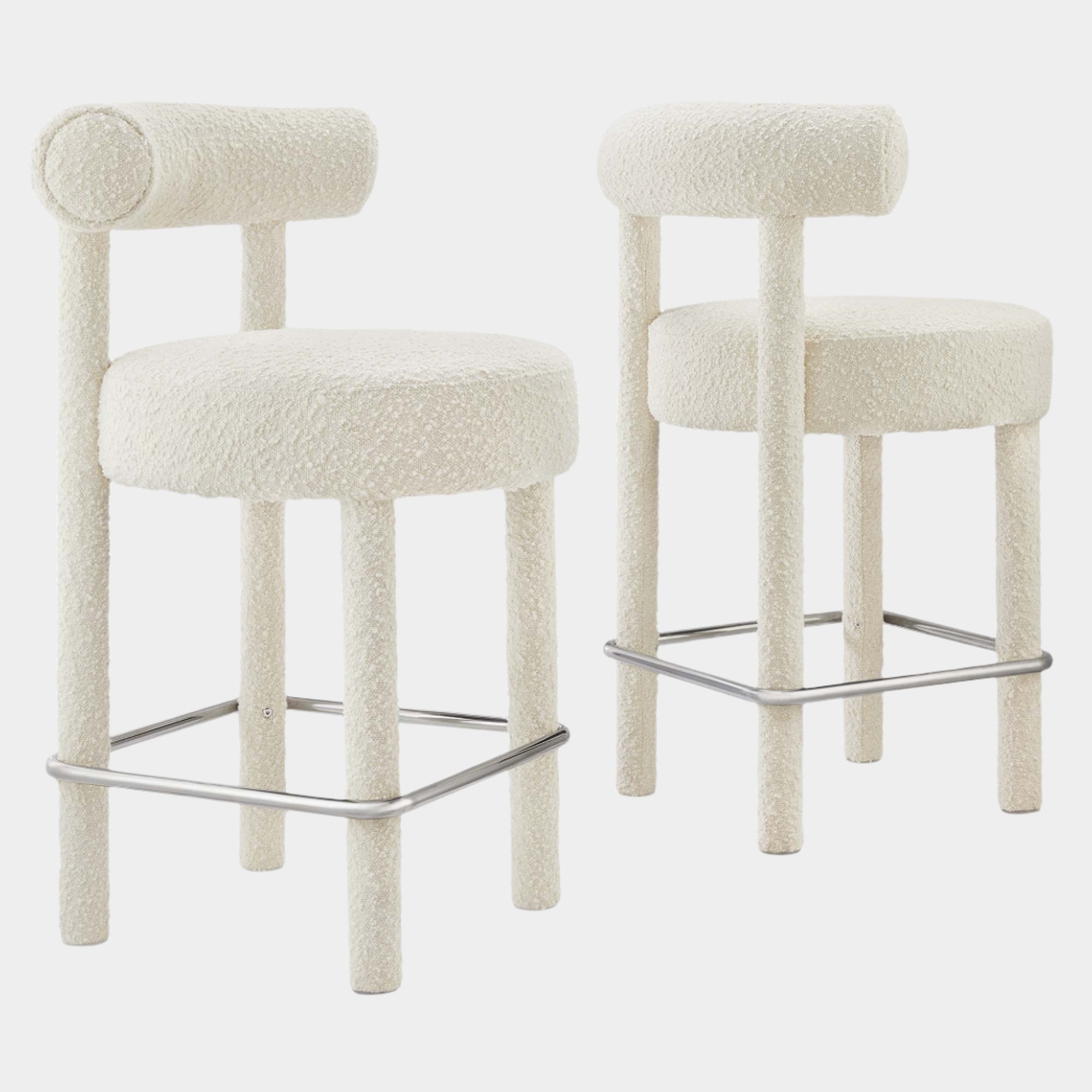 Toulouse Boucle Fabric Counter Stool Set of 2 in Ivory Silver