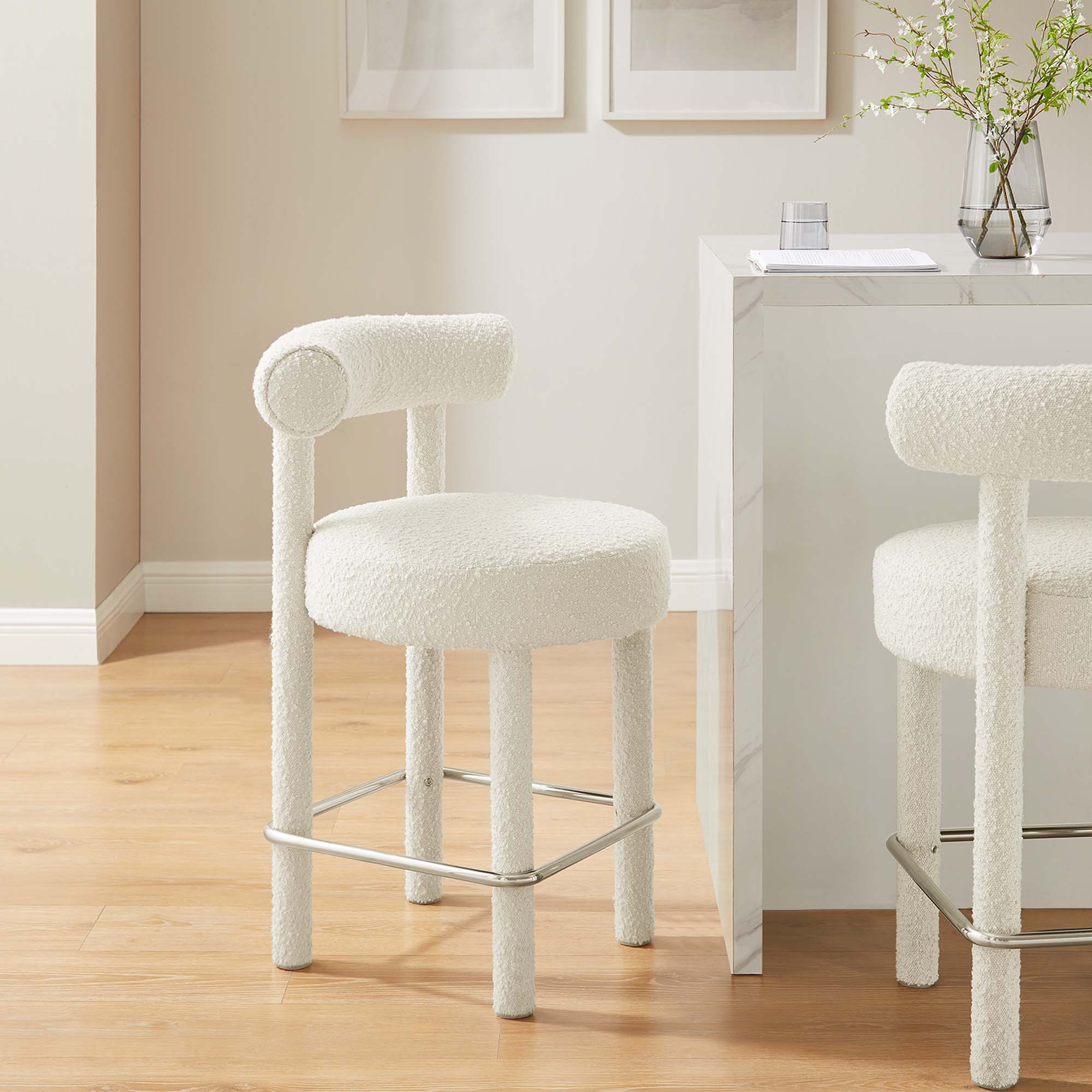 Toulouse Boucle Fabric Counter Stool Set of 2 in Ivory Silver