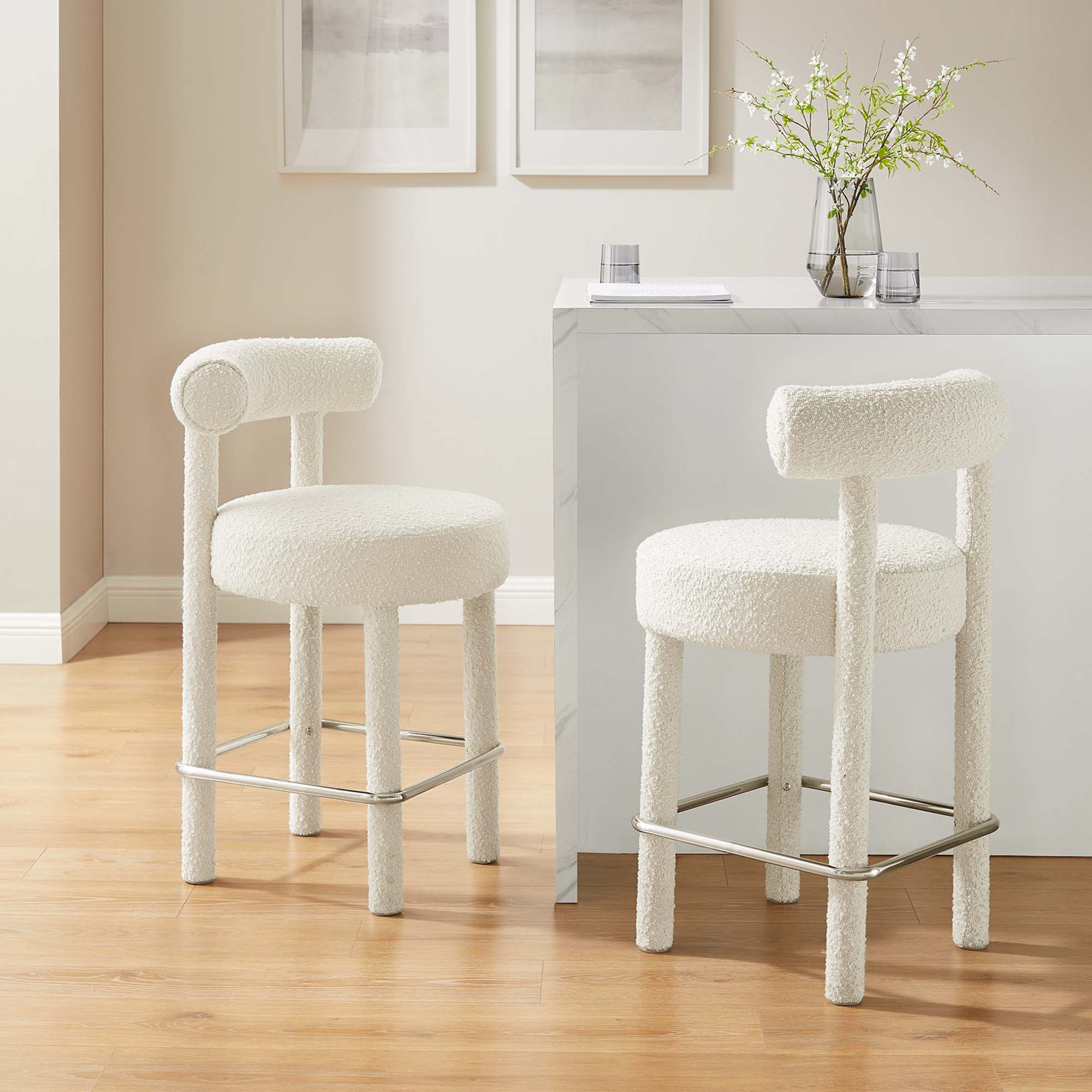 Toulouse Boucle Fabric Counter Stool Set of 2 in Ivory Silver