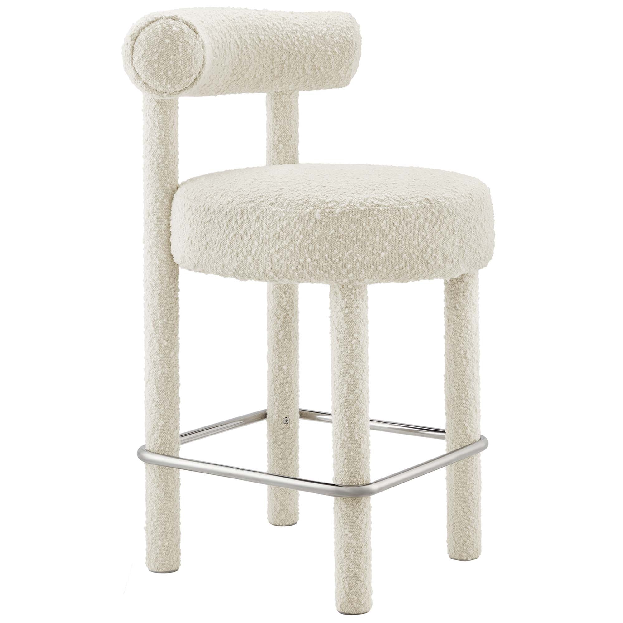 Toulouse Boucle Fabric Counter Stool Set of 2 in Ivory Silver