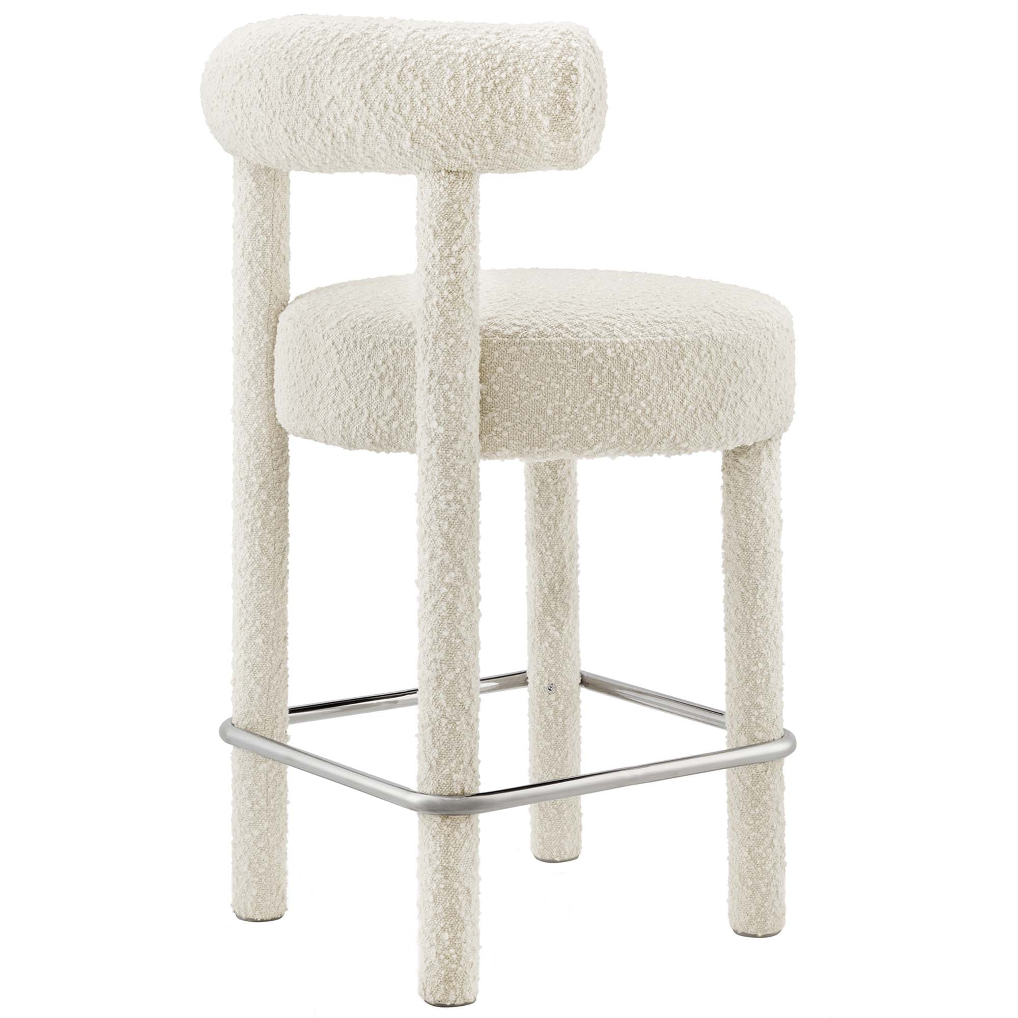 Toulouse Boucle Fabric Counter Stool Set of 2 in Ivory Silver