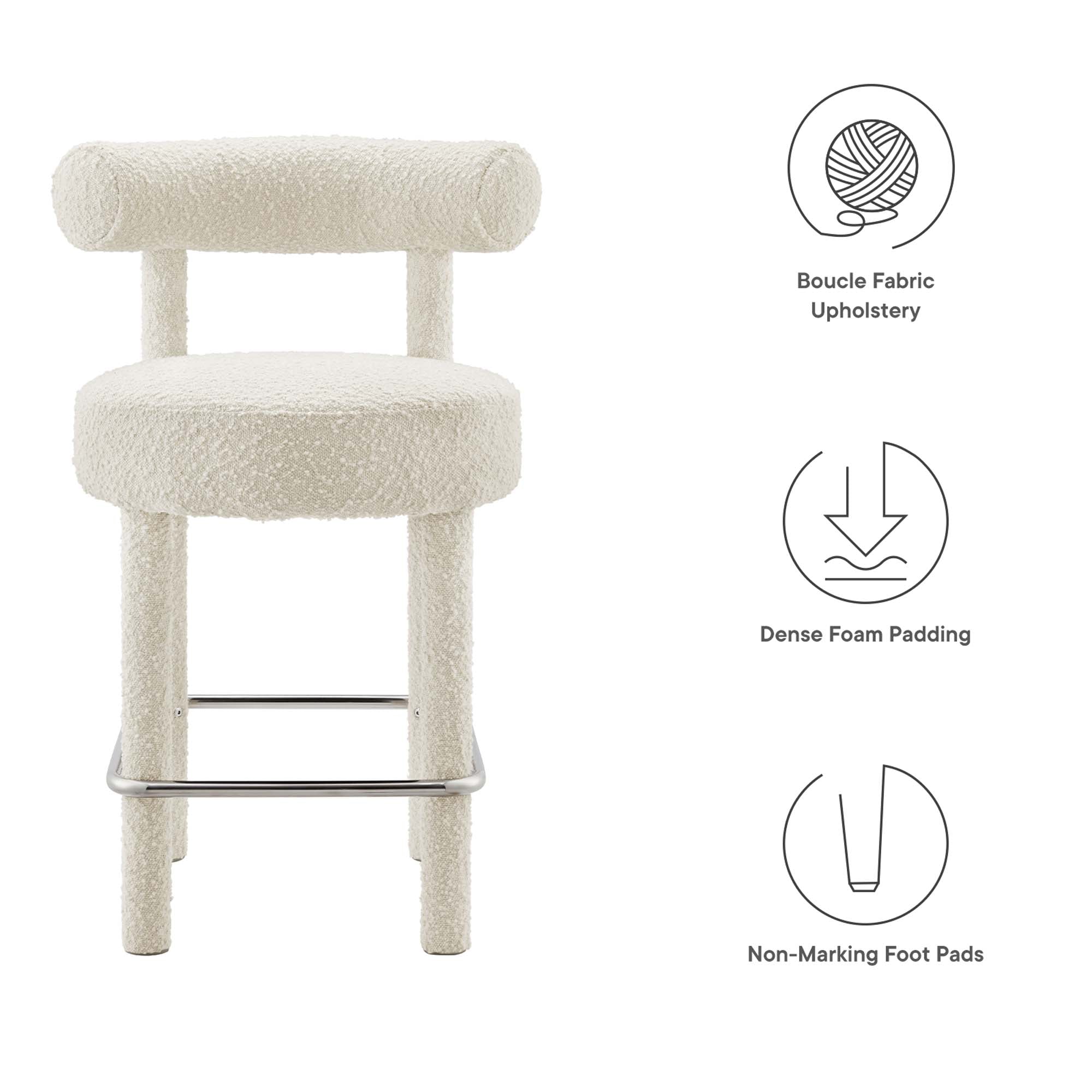 Toulouse Boucle Fabric Counter Stool Set of 2 in Ivory Silver