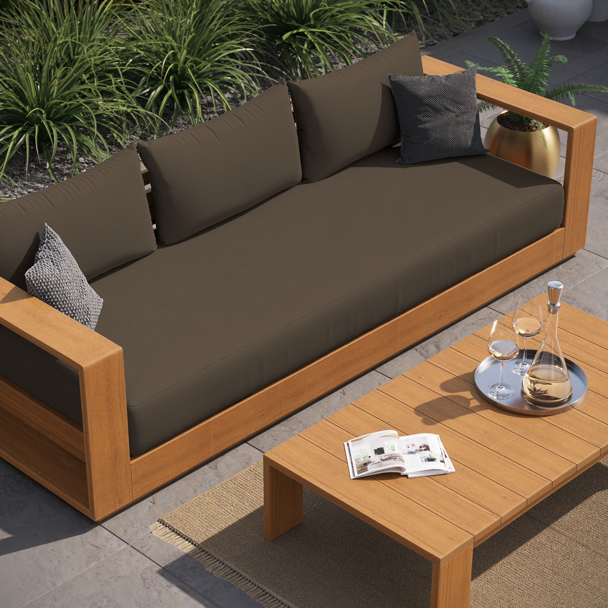 Tahoe 2-Piece Outdoor Patio Acacia Wood Sofa and Coffee Table Set