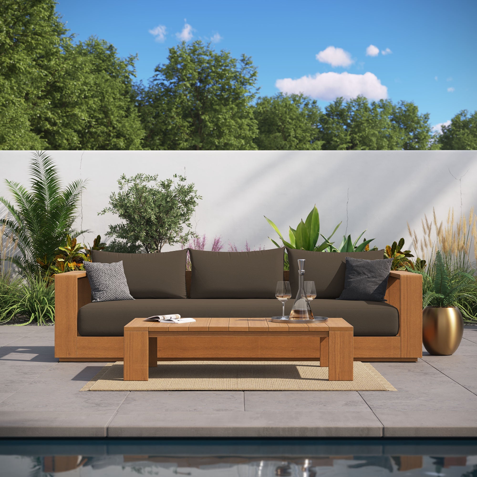 Tahoe 2-Piece Outdoor Patio Acacia Wood Sofa and Coffee Table Set