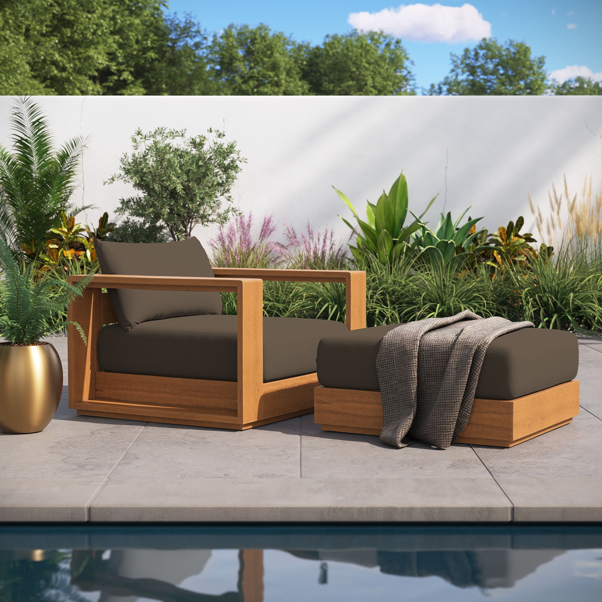 Tahoe 2-Piece Outdoor Patio Acacia Wood Armchair and Ottoman Set