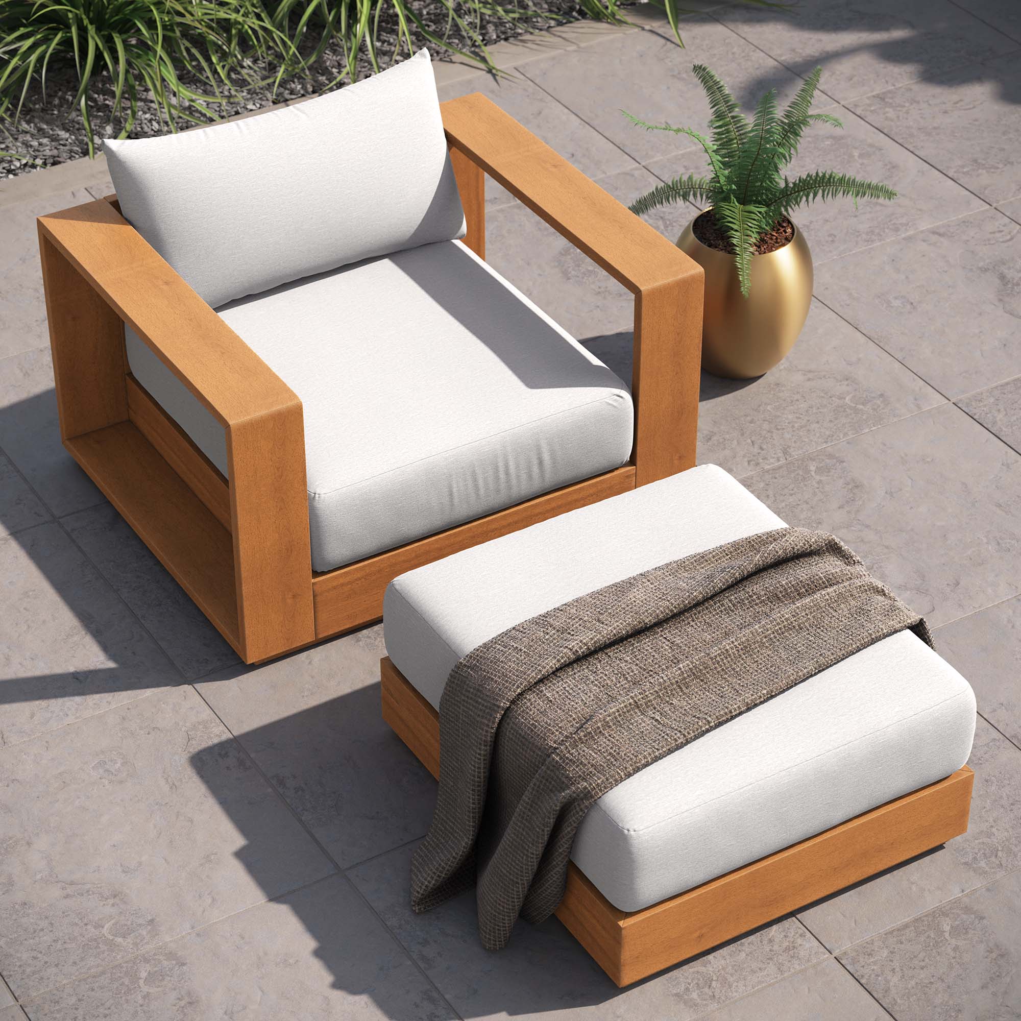 Tahoe 2-Piece Outdoor Patio Acacia Wood Armchair and Ottoman Set