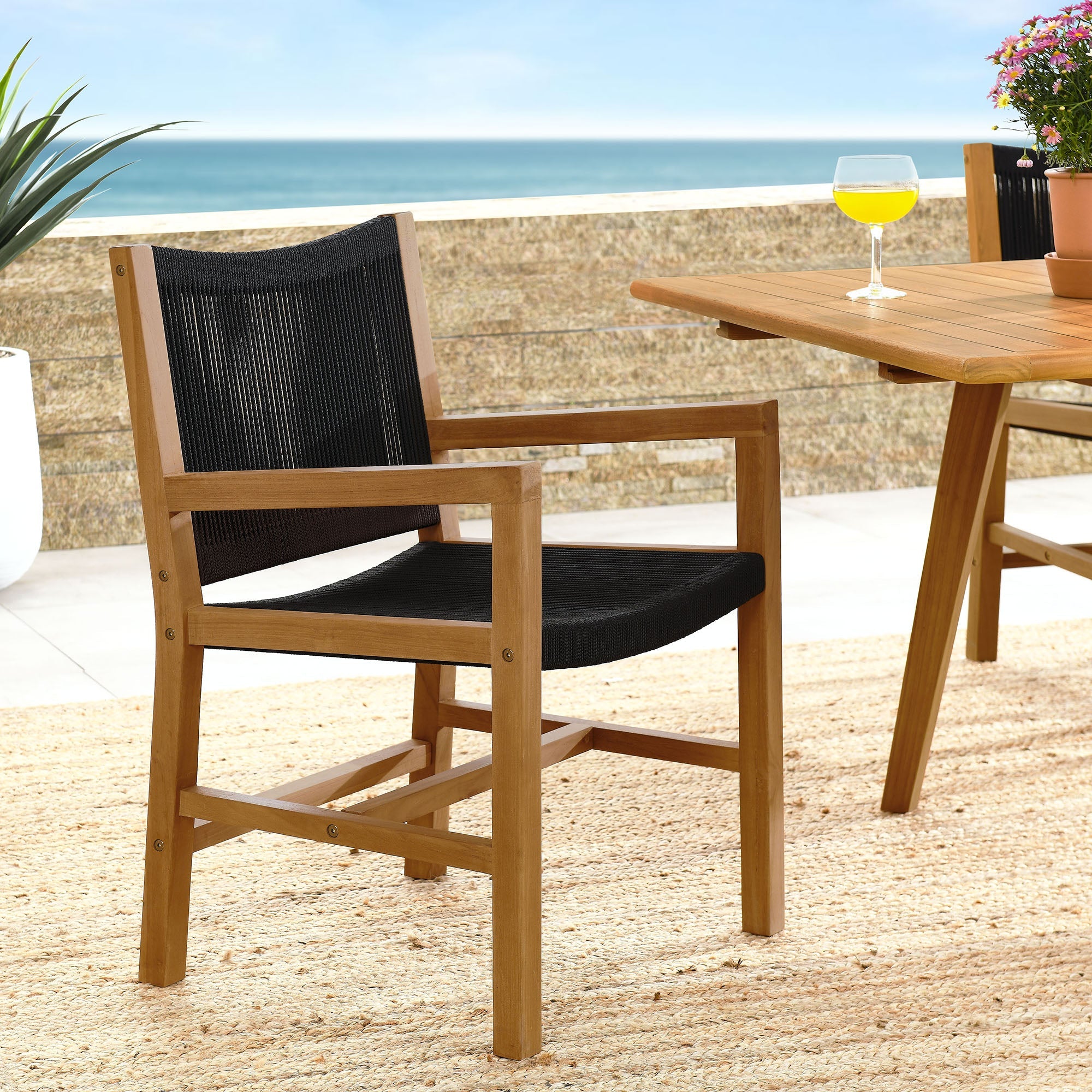 Vienna Outdoor Patio Teak and Rope Dining Armchairs Set of 2