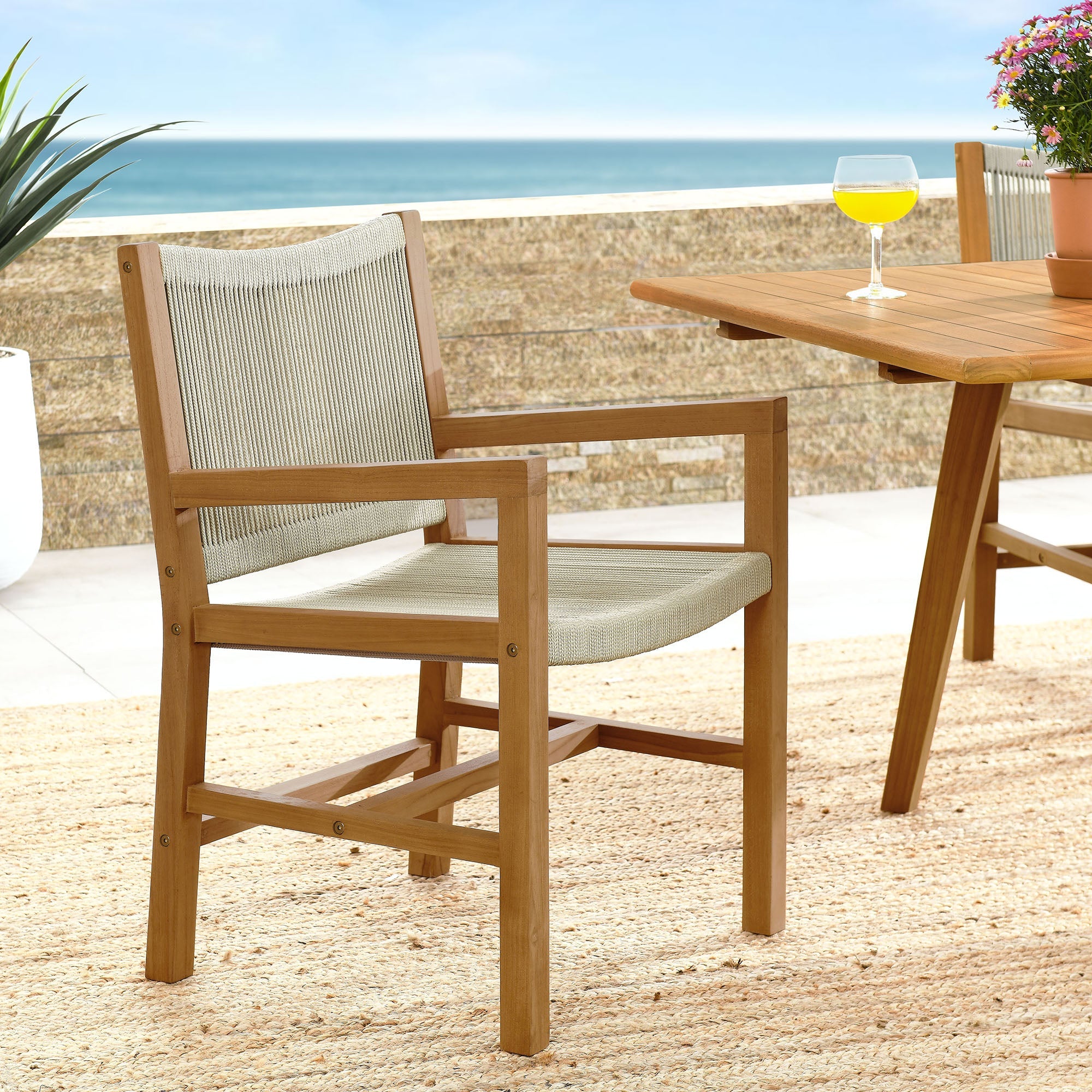 Vienna Outdoor Patio Teak and Rope Dining Armchairs Set of 2