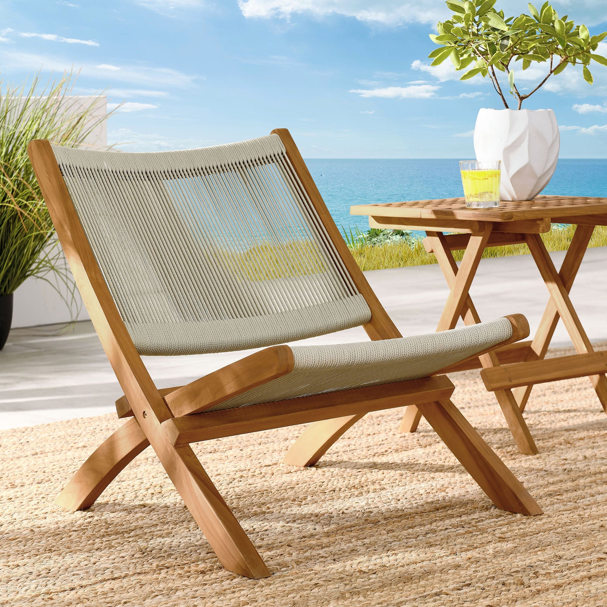 Vienna Outdoor Patio Teak and Rope Folding Accent Lounge Chair