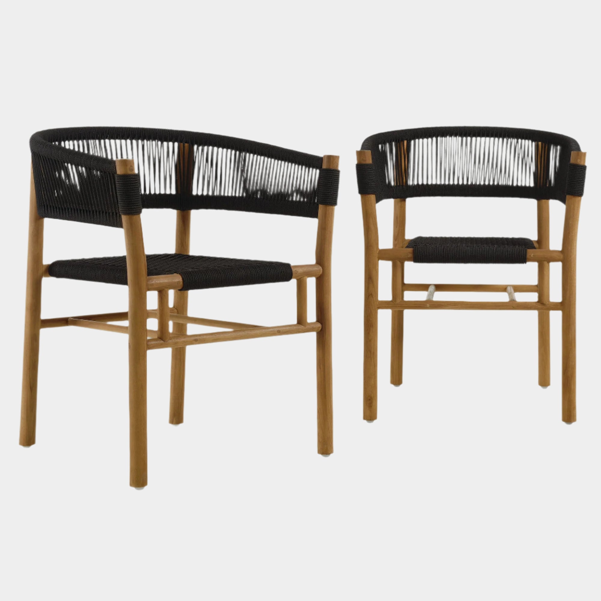 Vienna Outdoor Patio Teak and Rope Curved-Back Dining Armchairs Set of 2