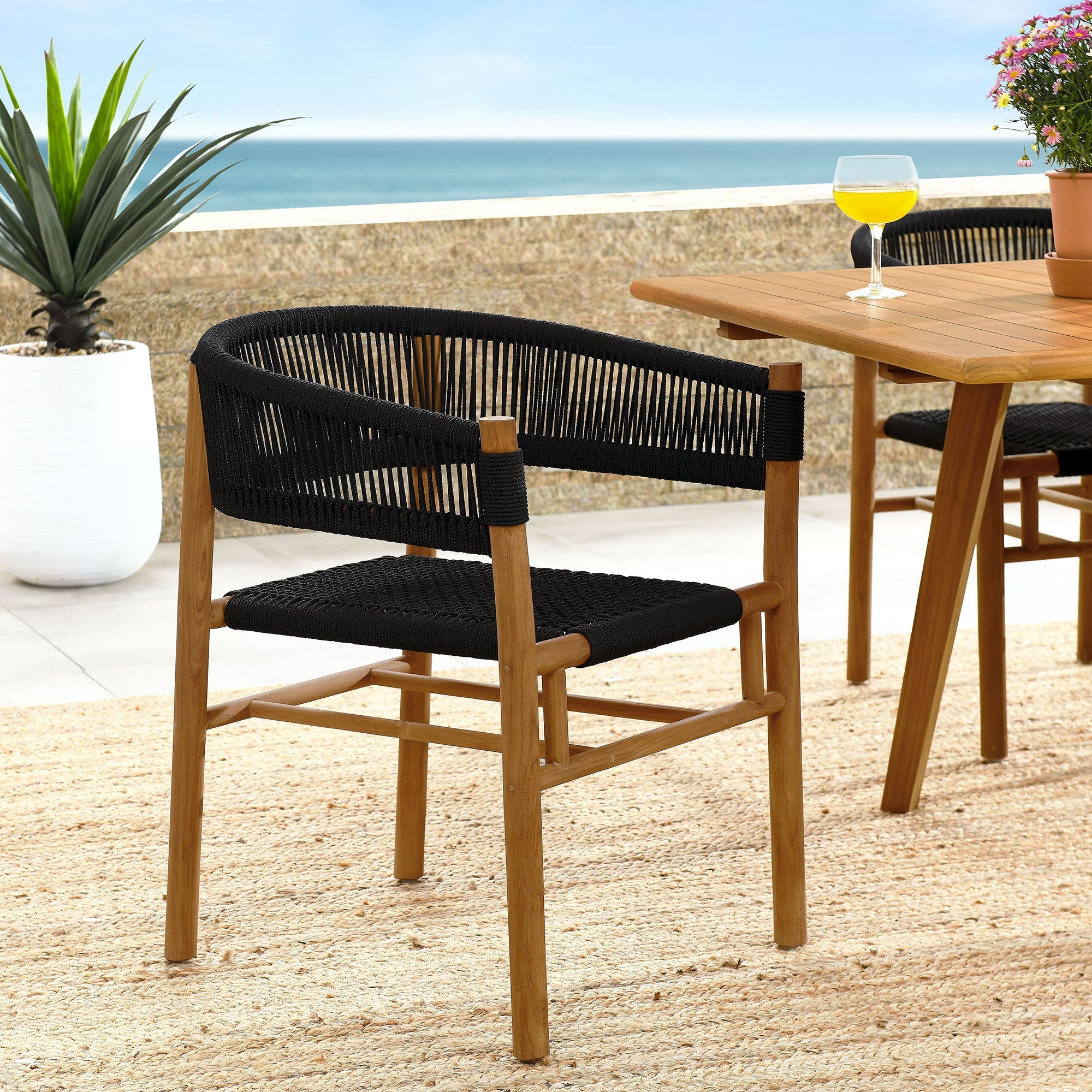 Vienna Outdoor Patio Teak and Rope Curved-Back Dining Armchairs Set of 2