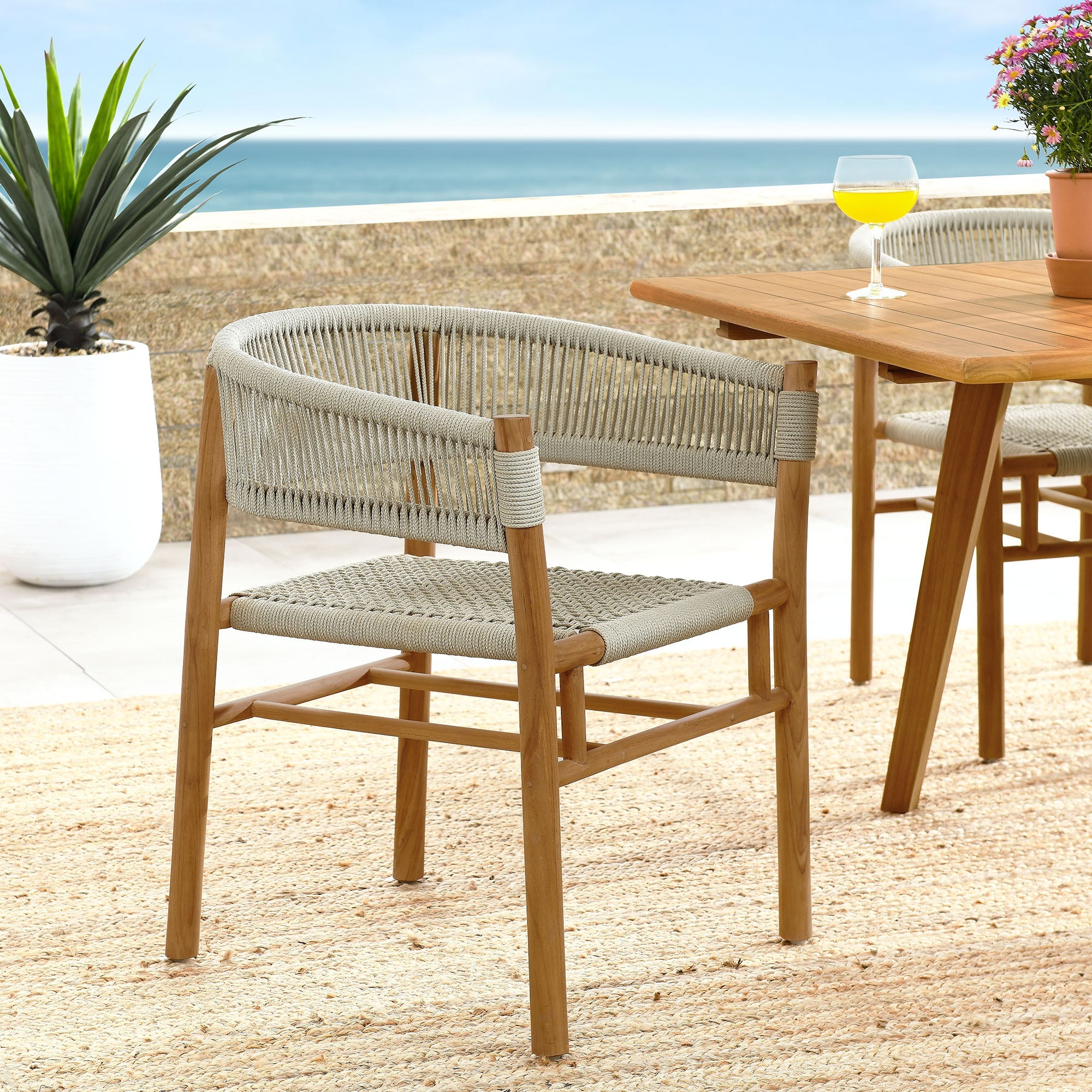 Vienna Outdoor Patio Teak and Rope Curved-Back Dining Armchairs Set of 2