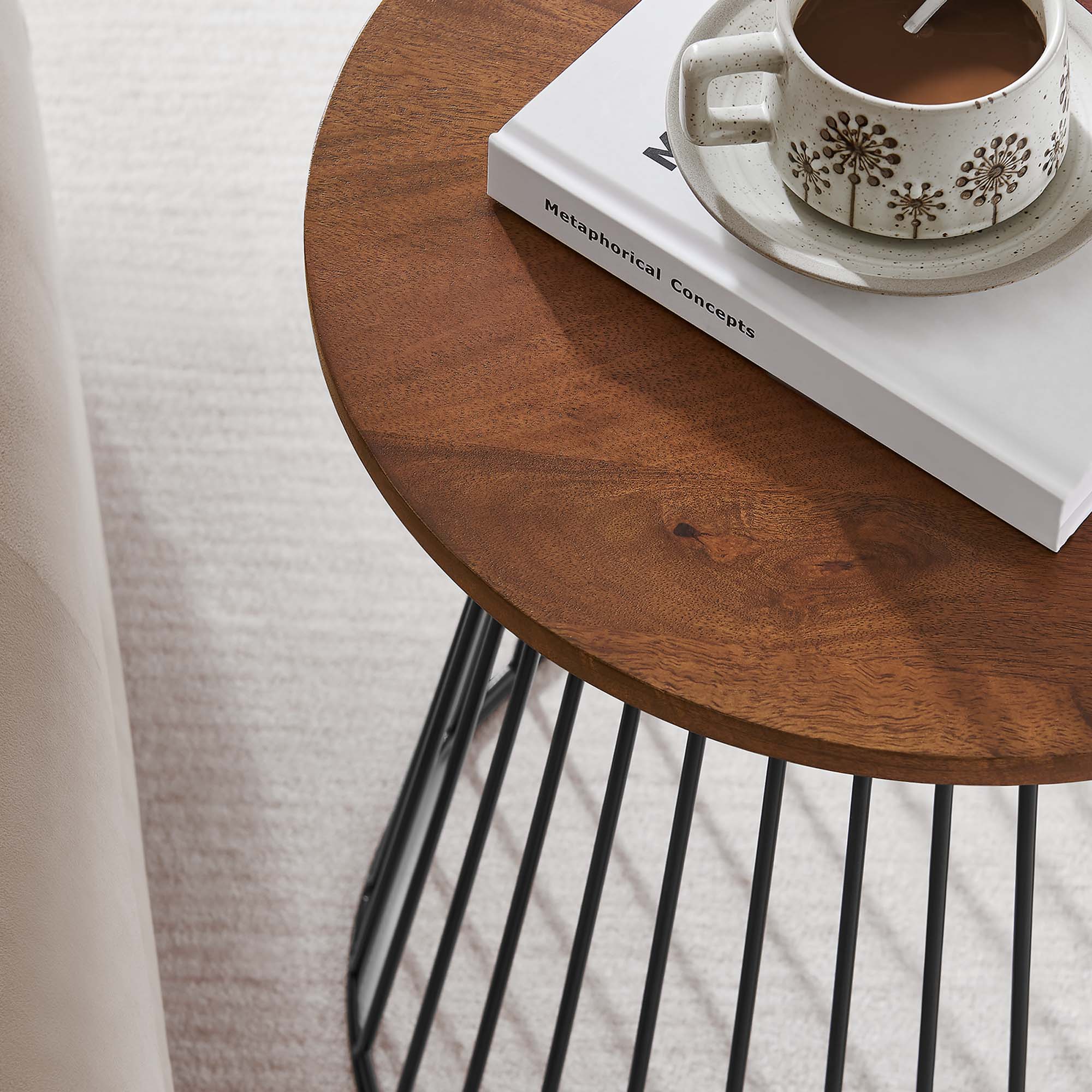 Valeo Round Wood and Metal Side Table in Walnut