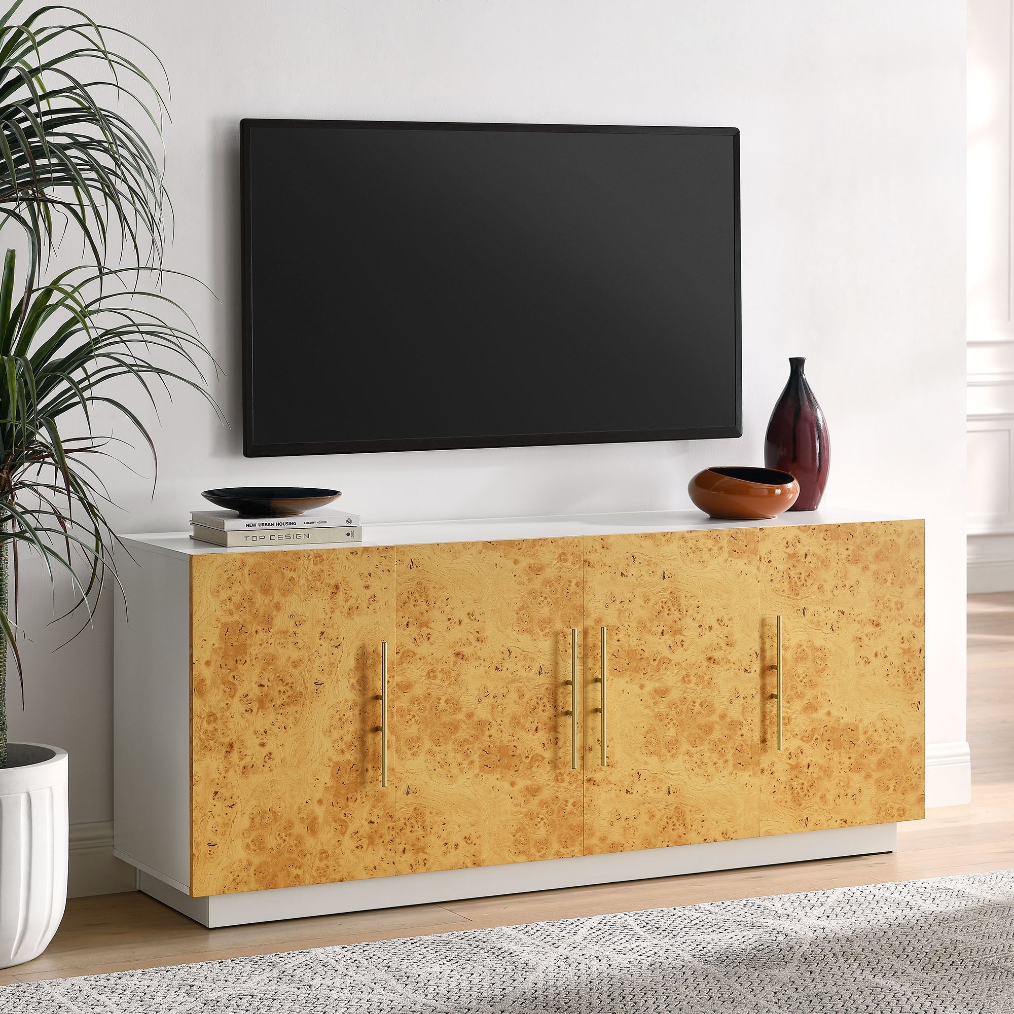 Abel 69 Inch Burl Wood Sideboard Buffet TV Stand in White Bleached Burl