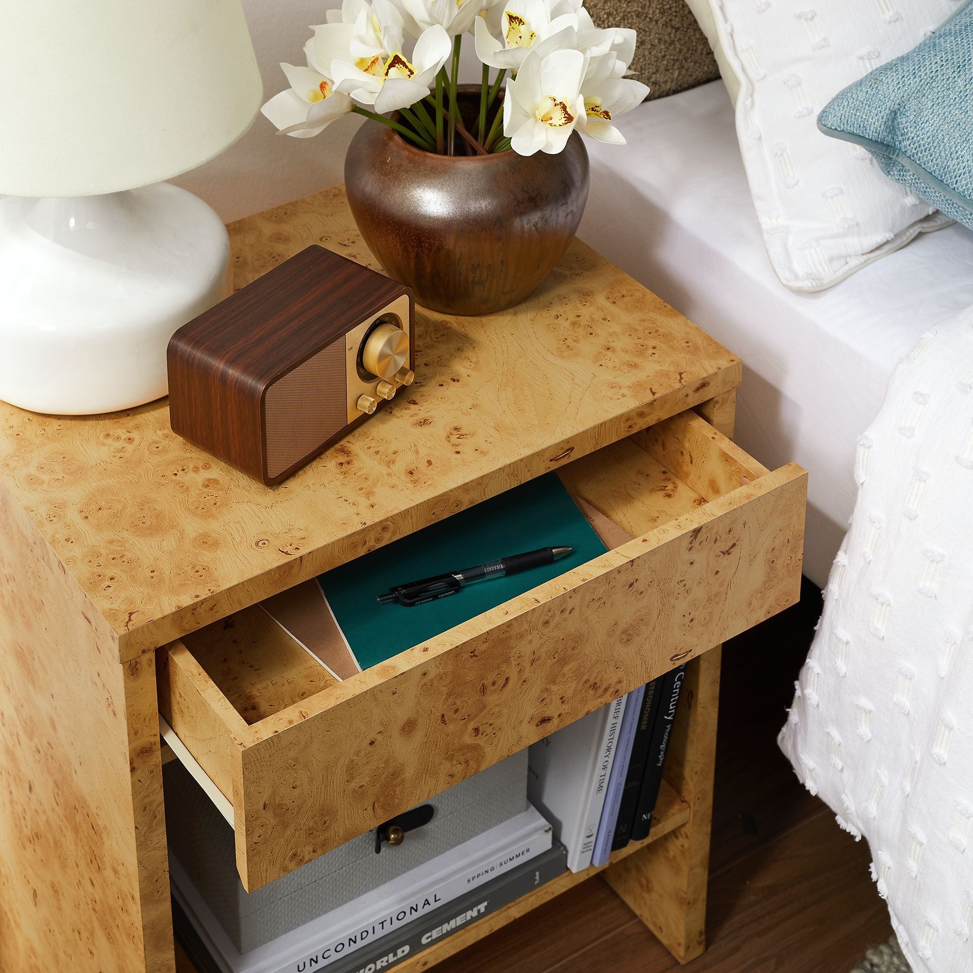 Hudson 1-Drawer Burl Wood Nightstand With Shelf