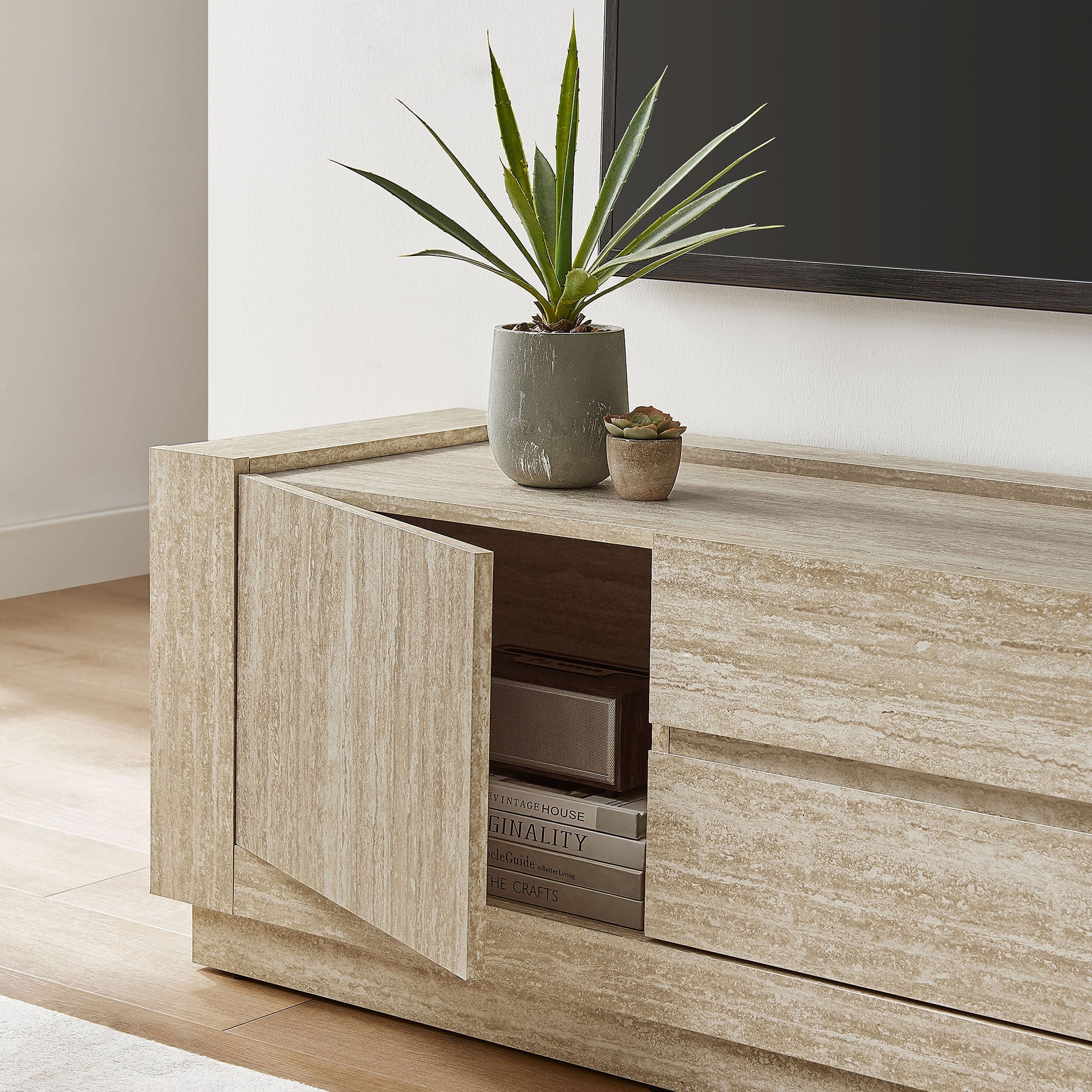 Hollis 59" Travertine TV Stand in Travertine