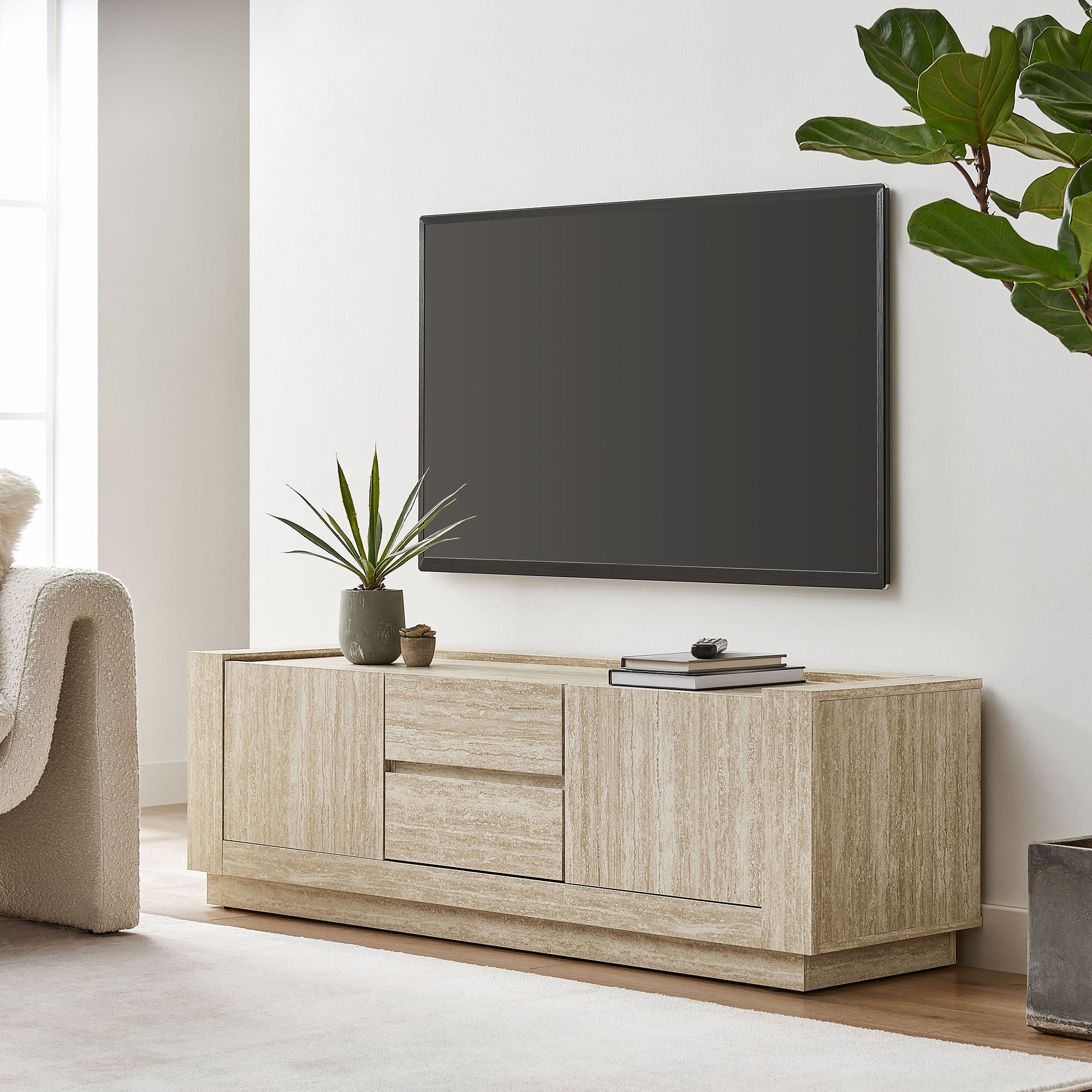 Hollis 59" Travertine TV Stand in Travertine