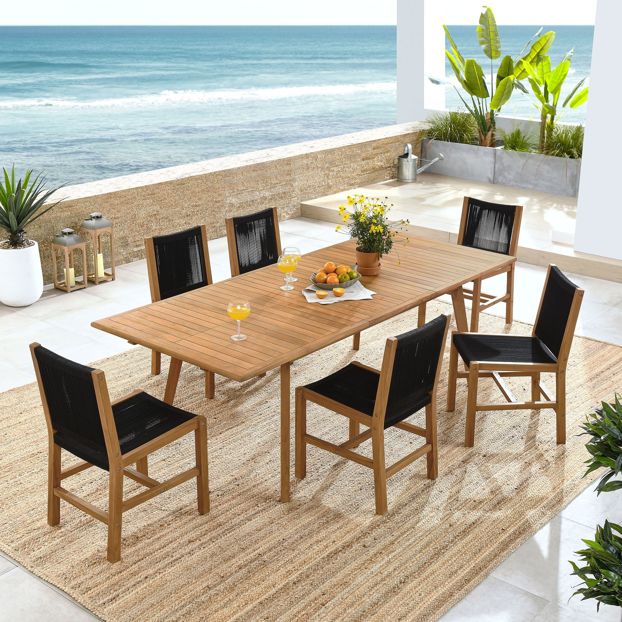 Vienna 7-Piece Outdoor Patio Teak and Rope Dining Set with Armless Chairs