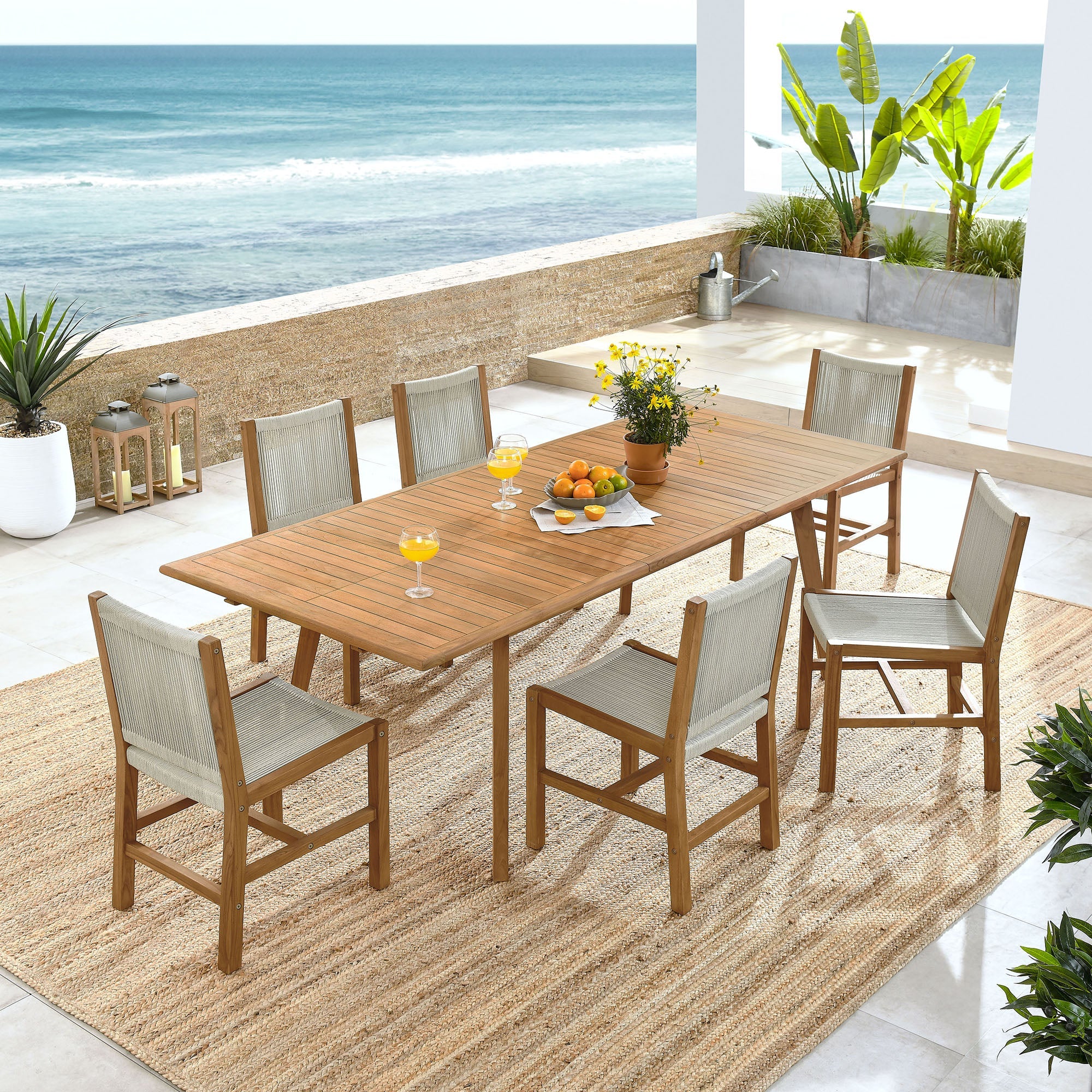 Vienna 7-Piece Outdoor Patio Teak and Rope Dining Set with Armless Chairs