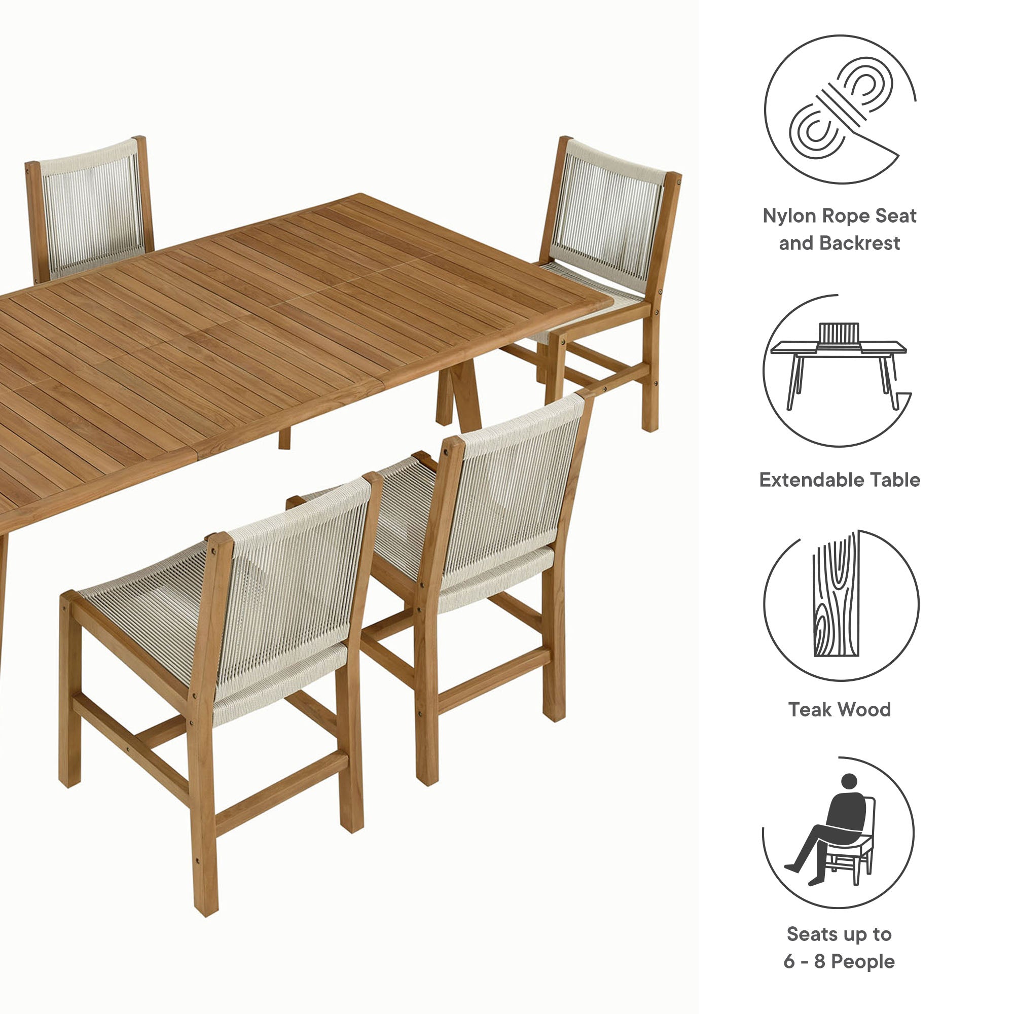 Vienna 7-Piece Outdoor Patio Teak and Rope Dining Set with Armless Chairs