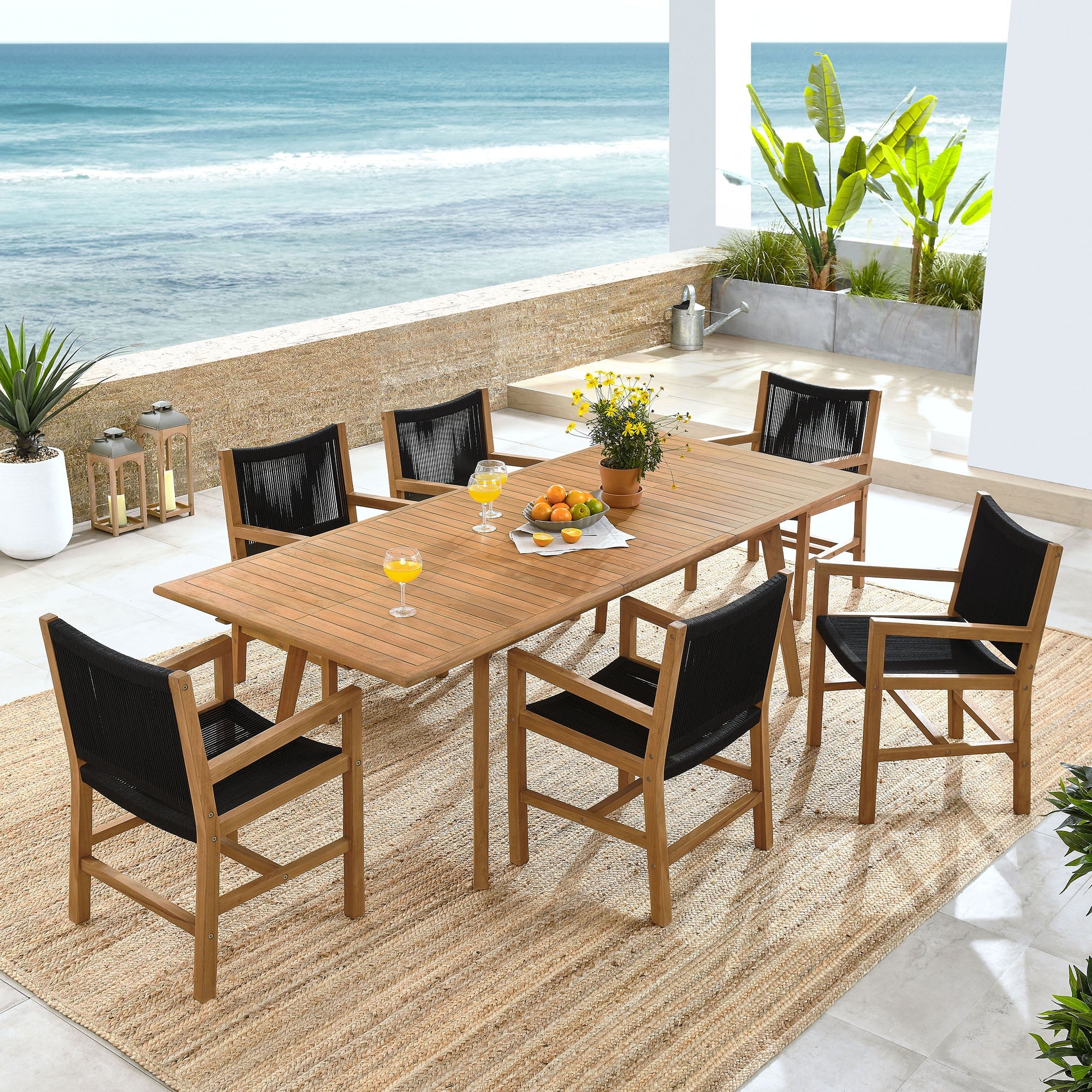 Vienna 7-Piece Outdoor Patio Teak and Rope Dining Set with Armchairs