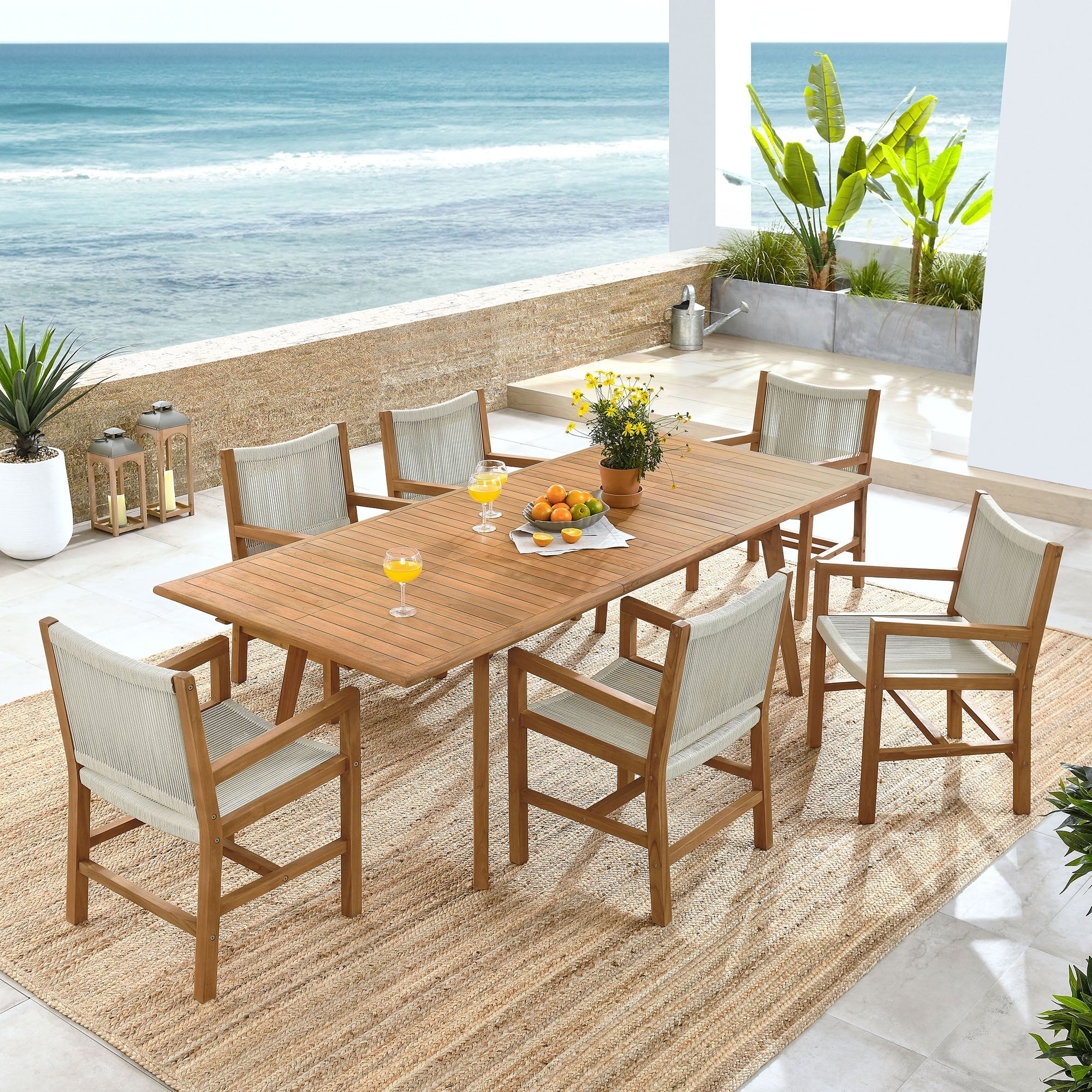 Vienna 7-Piece Outdoor Patio Teak and Rope Dining Set with Armchairs